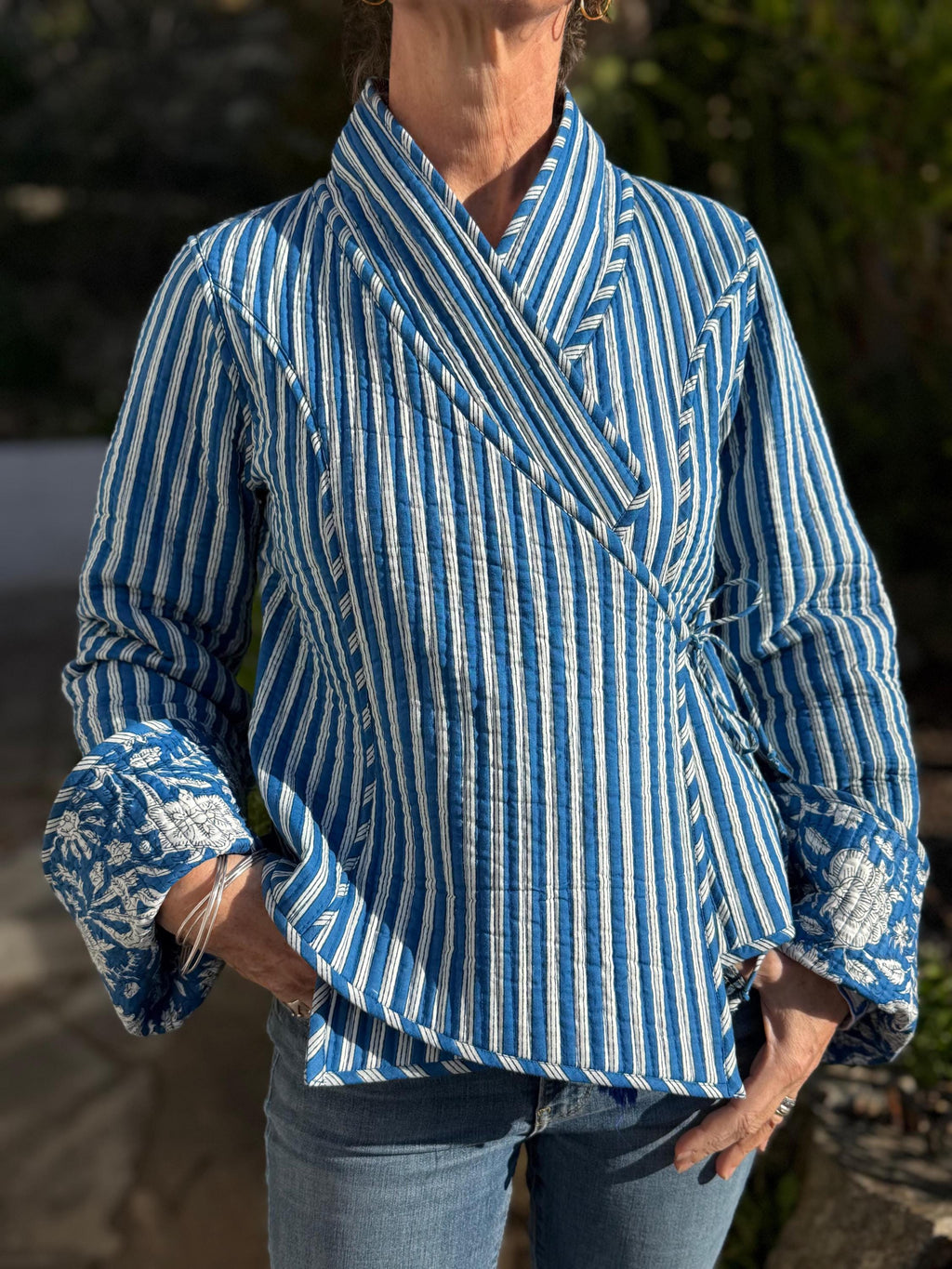 reversible winter jacket in quilted cotton,blue floral print and blue stripes ,long flared sleeves with large cuffs,hippiechic outerwear