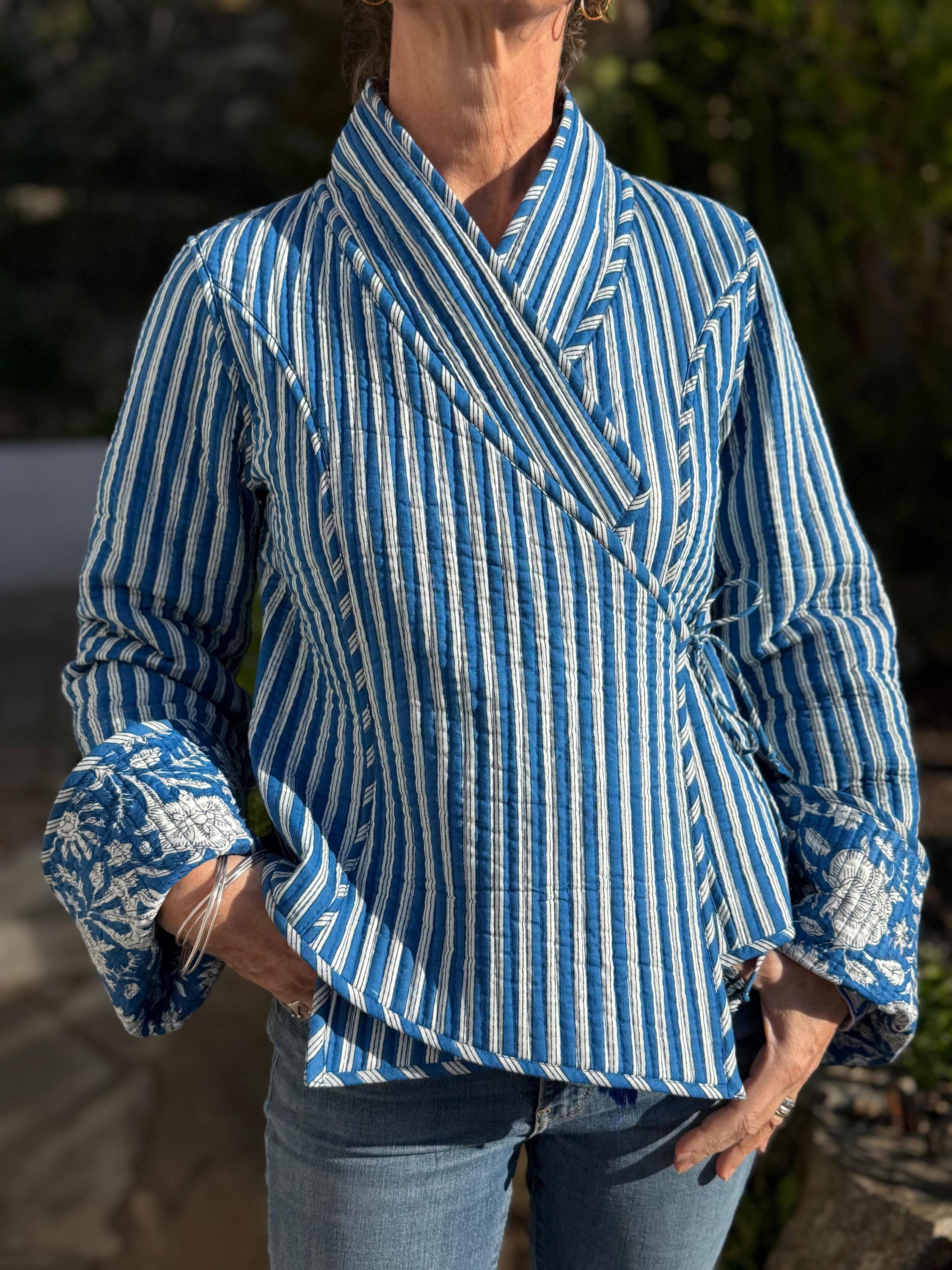 reversible winter jacket in quilted cotton,blue floral print and blue stripes ,long flared sleeves with large cuffs,hippiechic outerwear