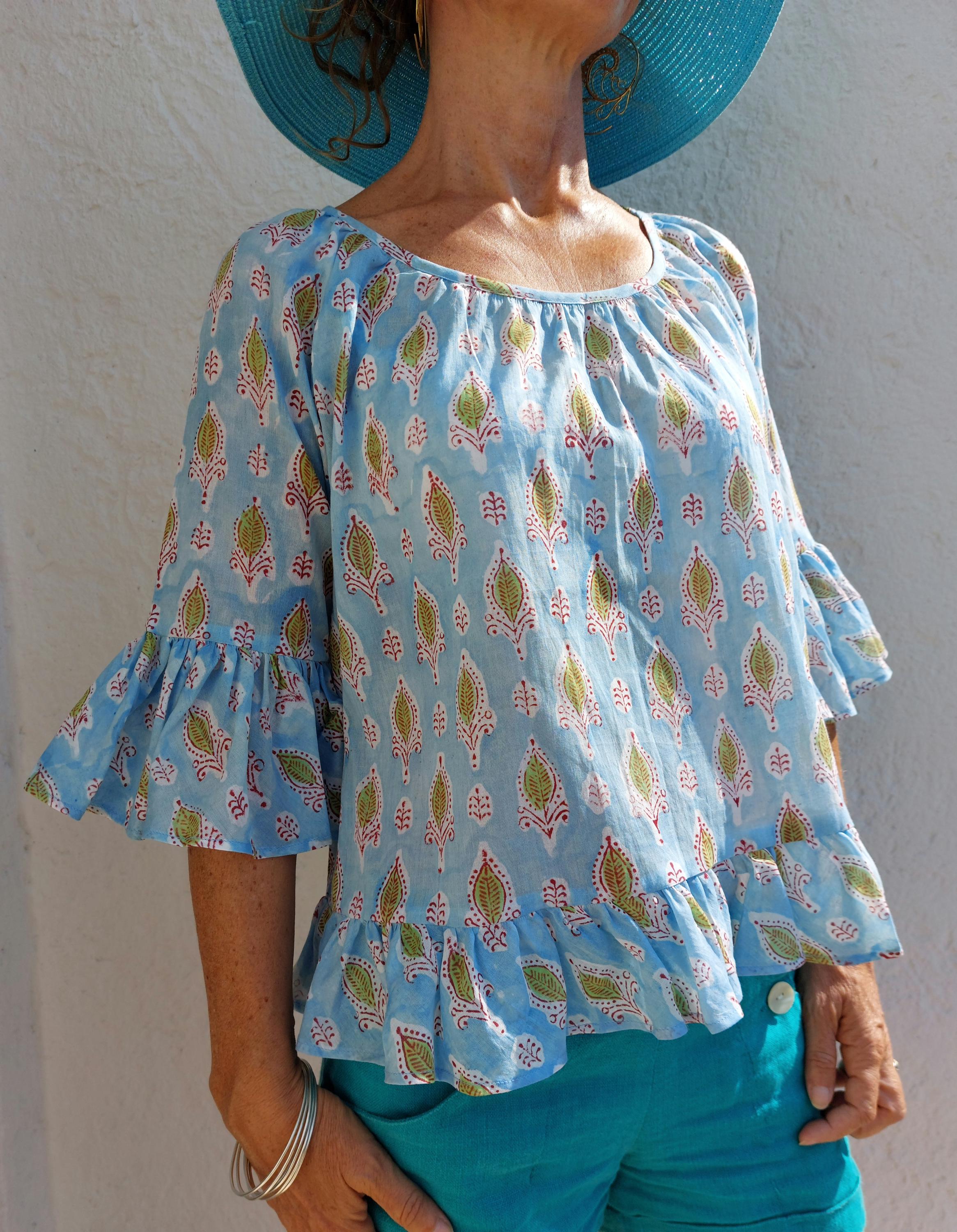 ruffles top in soft cotton,hand block printed,blue color,bohochic summer outfit,casual wear,limited series,round neckline