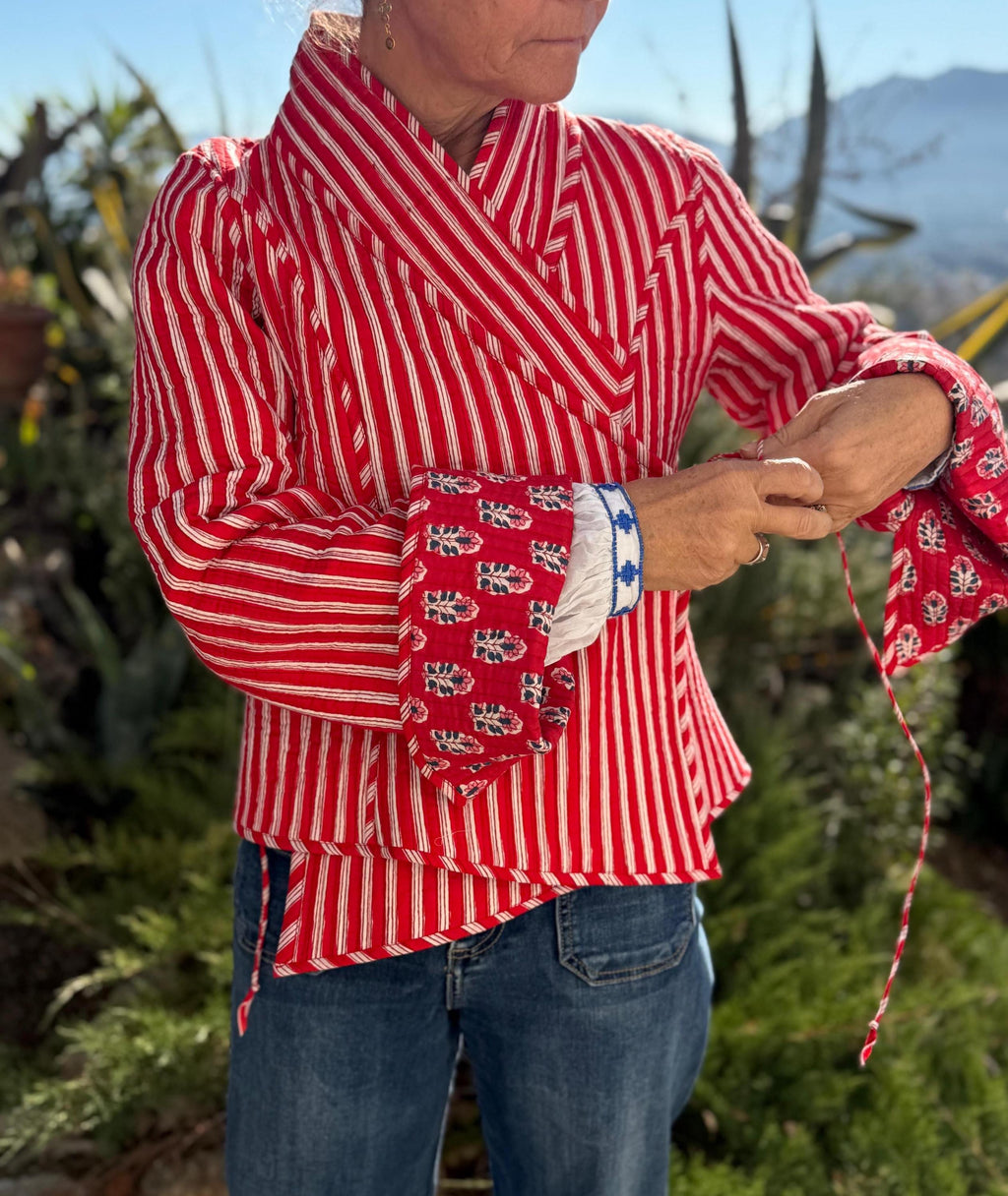 reversible crossed jacket in quilted cotton,red color print and red stripes inside,winter jacket,long flared sleeves,hippiechic outerwear
