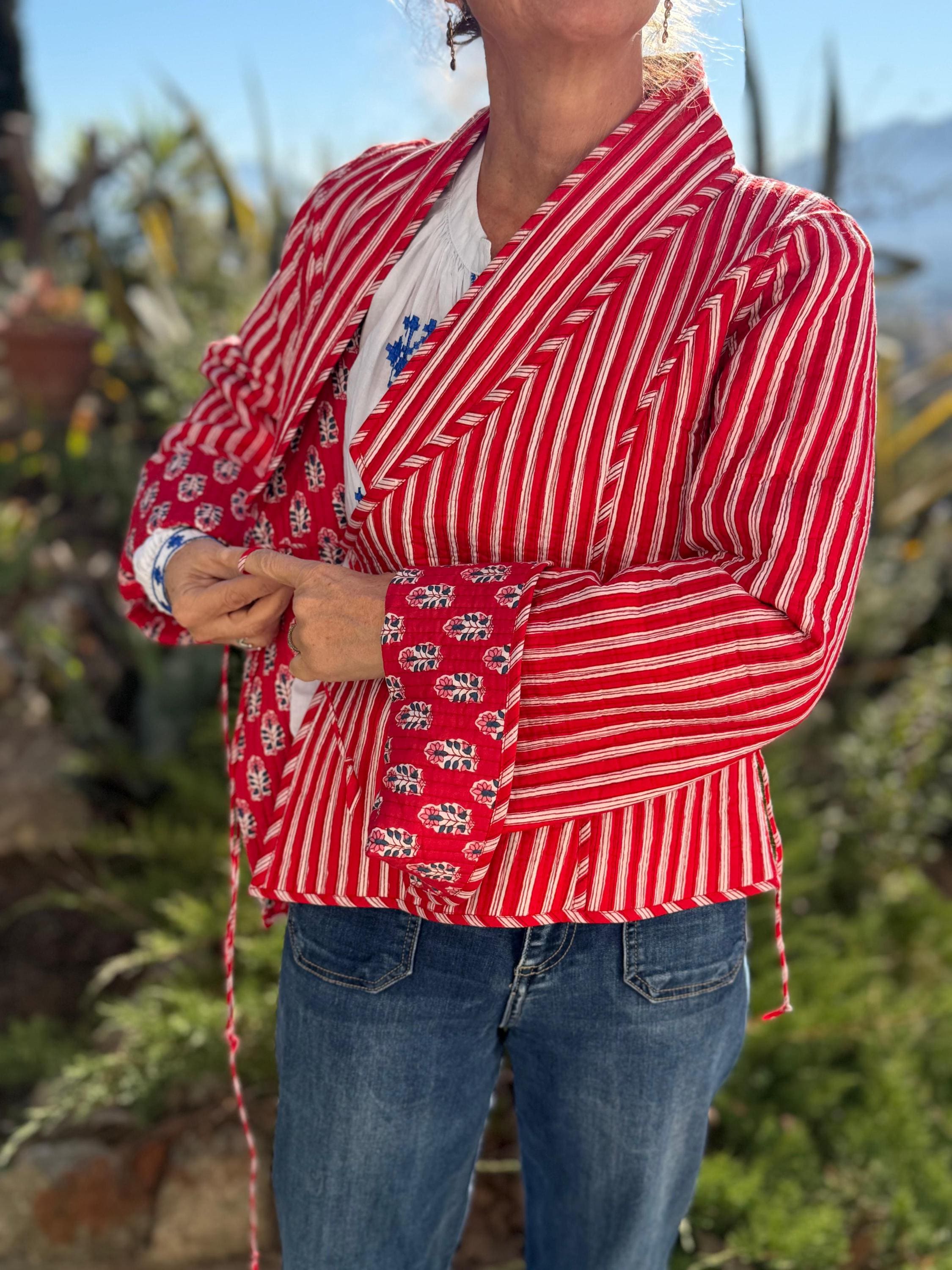 reversible crossed jacket in quilted cotton,red color print and red stripes inside,winter jacket,long flared sleeves,hippiechic outerwear