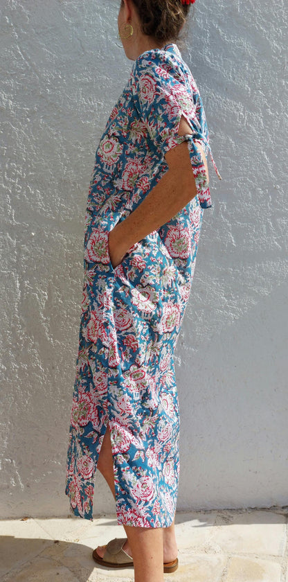 Turquoise Red Floral Cotton Maxi Dress, Hand Block Printed Long Summer Dress, Bohemian Chic Outfit, Lightweight Cotton Resort Wear