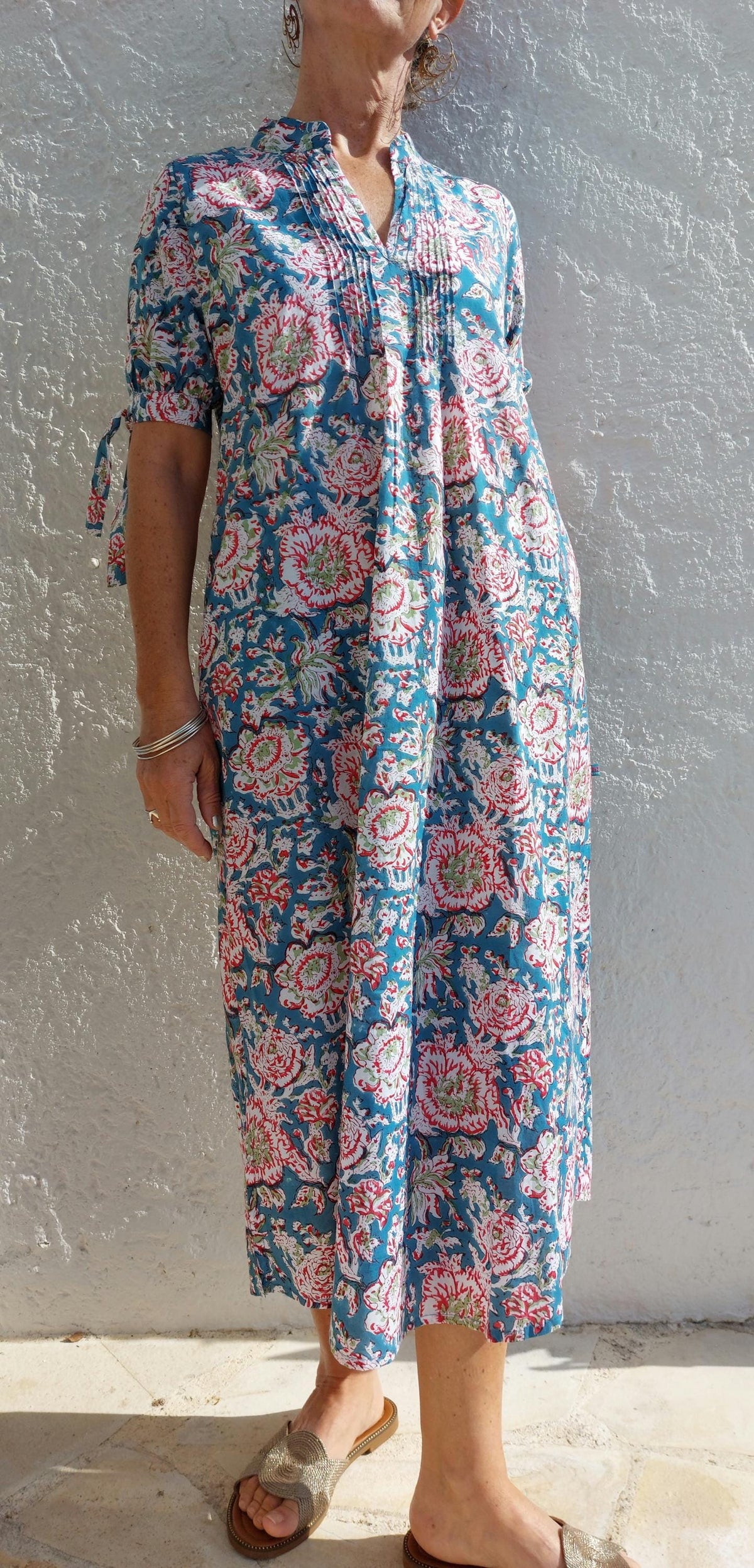 Turquoise Red Floral Cotton Maxi Dress, Hand Block Printed Long Summer Dress, Bohemian Chic Outfit, Lightweight Cotton Resort Wear