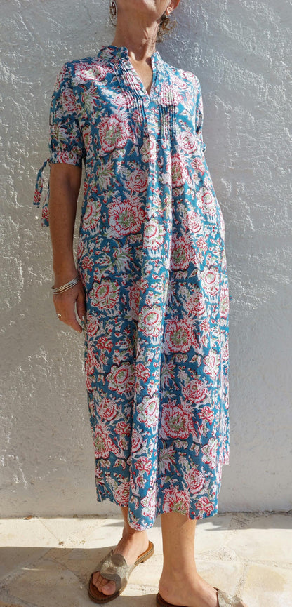Turquoise Red Floral Cotton Maxi Dress, Hand Block Printed Long Summer Dress, Bohemian Chic Outfit, Lightweight Cotton Resort Wear