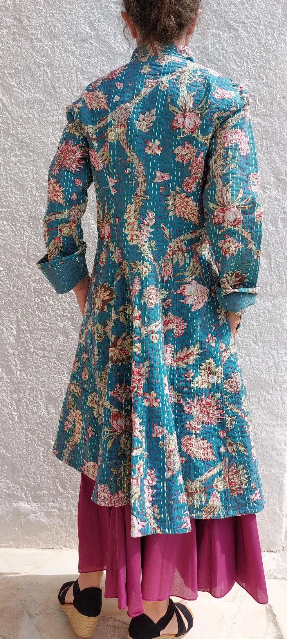 frock coat in cotton not quilted,teal color & floral pattern,pink hydrangea print,long jacket mid-season,boheme chic outfit,wedding outfit