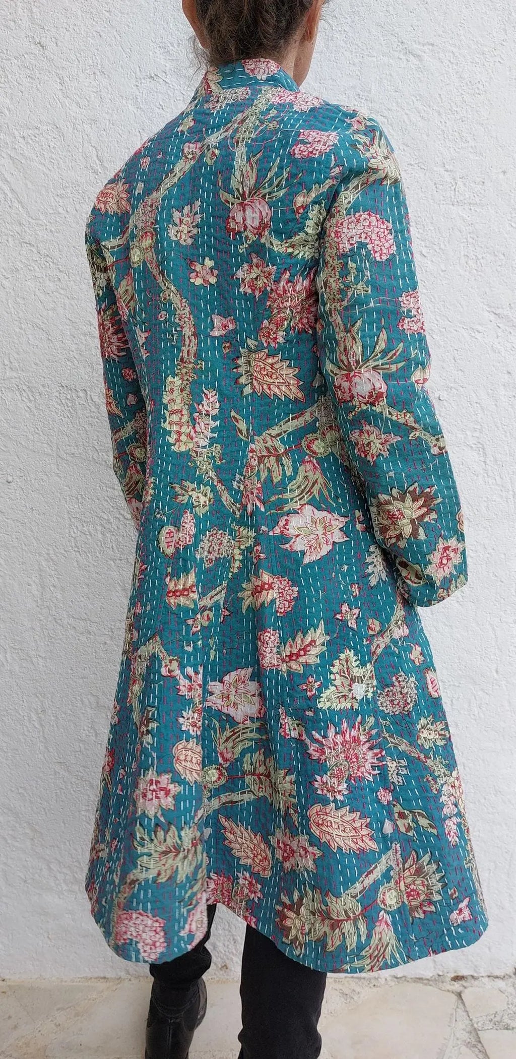 frock coat in cotton not quilted,teal color & floral pattern,pink hydrangea print,long jacket mid-season,boheme chic outfit,wedding outfit