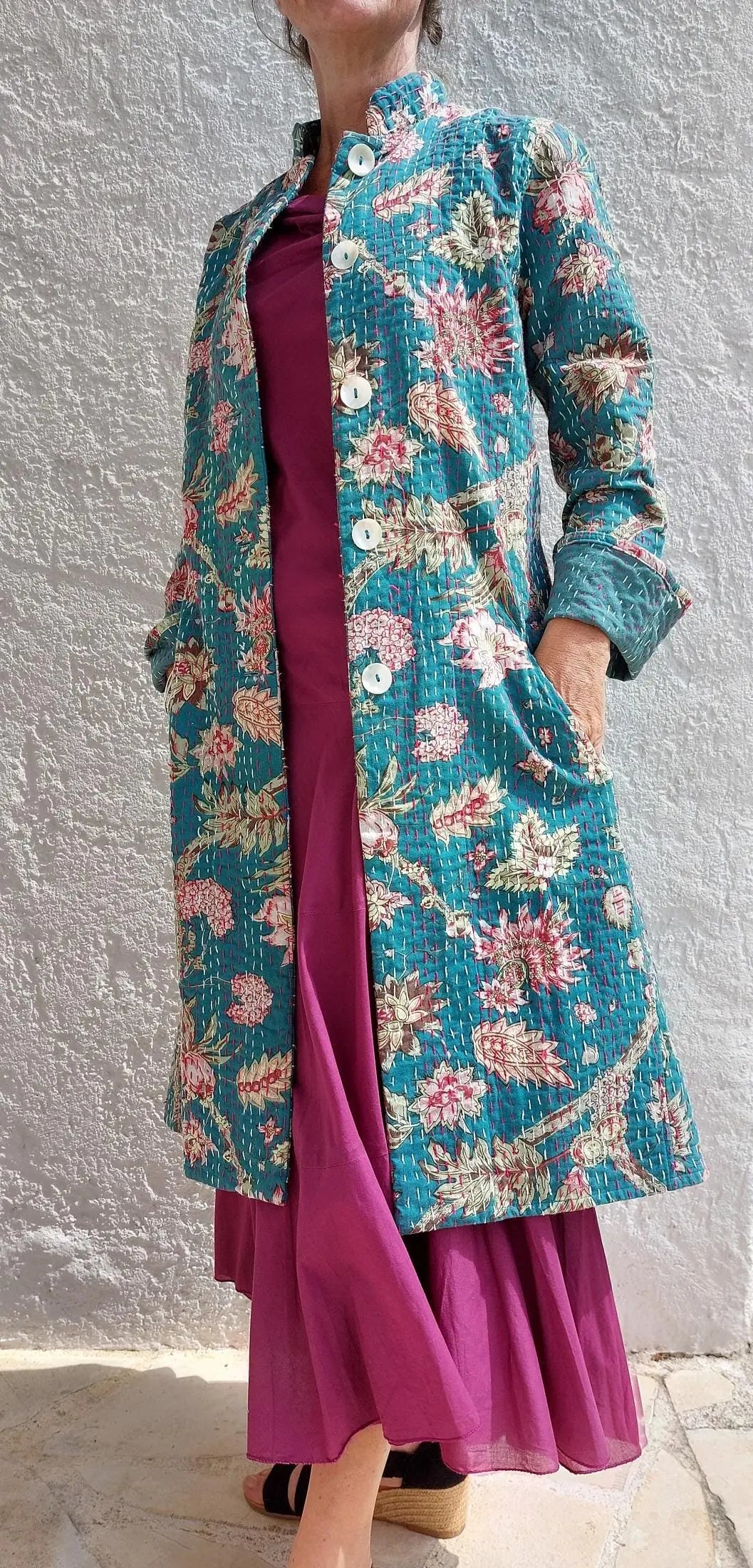 frock coat in cotton not quilted,teal color & floral pattern,pink hydrangea print,long jacket mid-season,boheme chic outfit,wedding outfit