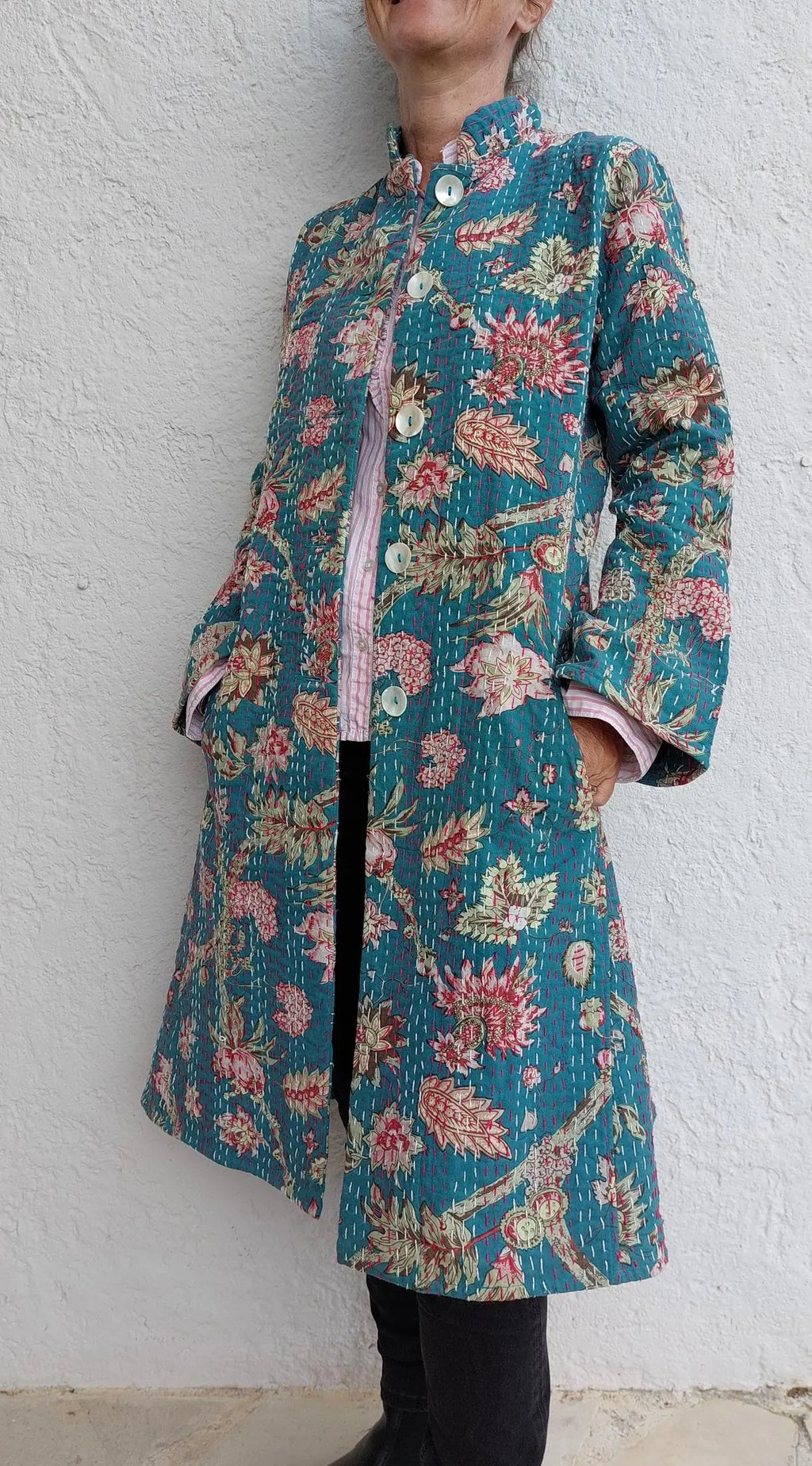 frock coat in cotton not quilted,teal color & floral pattern,pink hydrangea print,long jacket mid-season,boheme chic outfit,wedding outfit