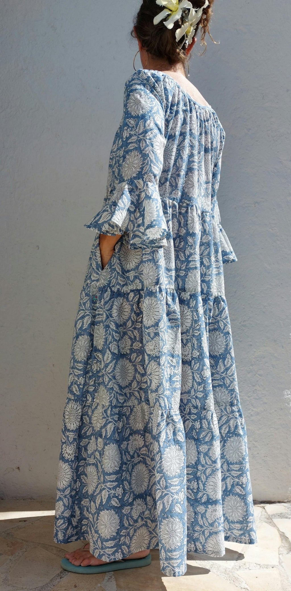 elegant long dress in cotton,blue-grey color,bohochic summer outfit,ruffled sleeves