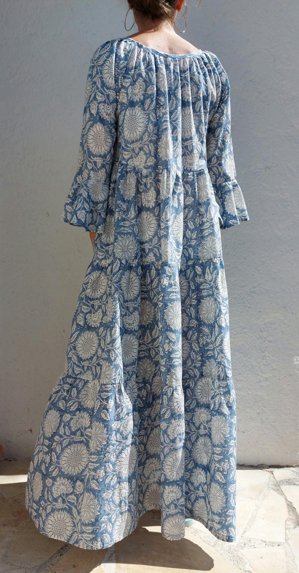 elegant long dress in cotton,blue-grey color,bohochic summer outfit,ruffled sleeves