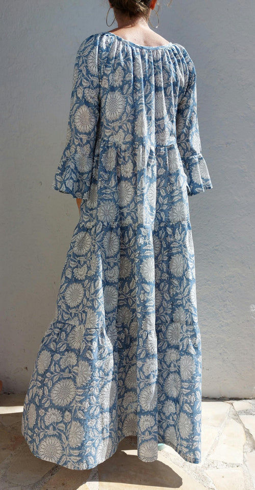 elegant long dress in cotton,blue-grey color,bohochic summer outfit,ruffled sleeves