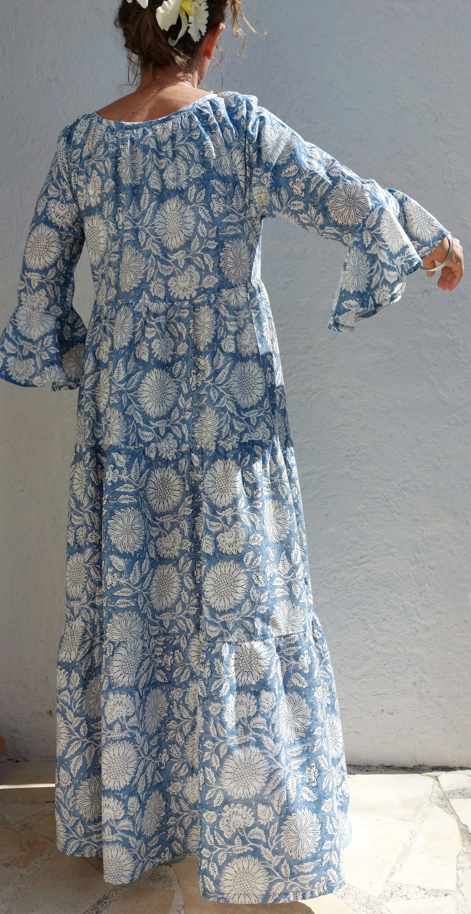 elegant long dress in cotton,blue-grey color,bohochic summer outfit,ruffled sleeves