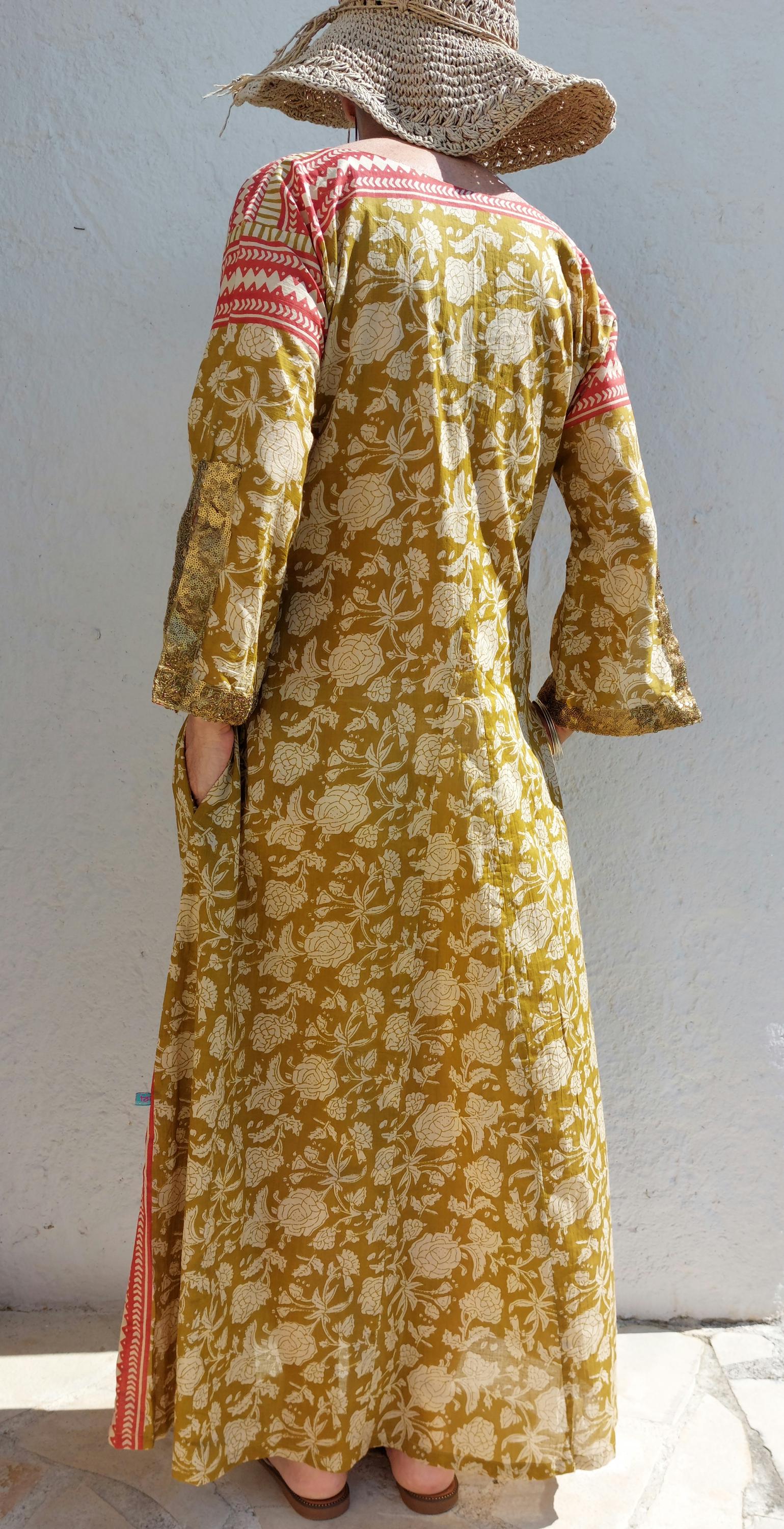 long kaftan in soft cotton,in the shades of mustard beige rusty colors,old gold sequins lace finishing on sleeves,boho chic summer outfit