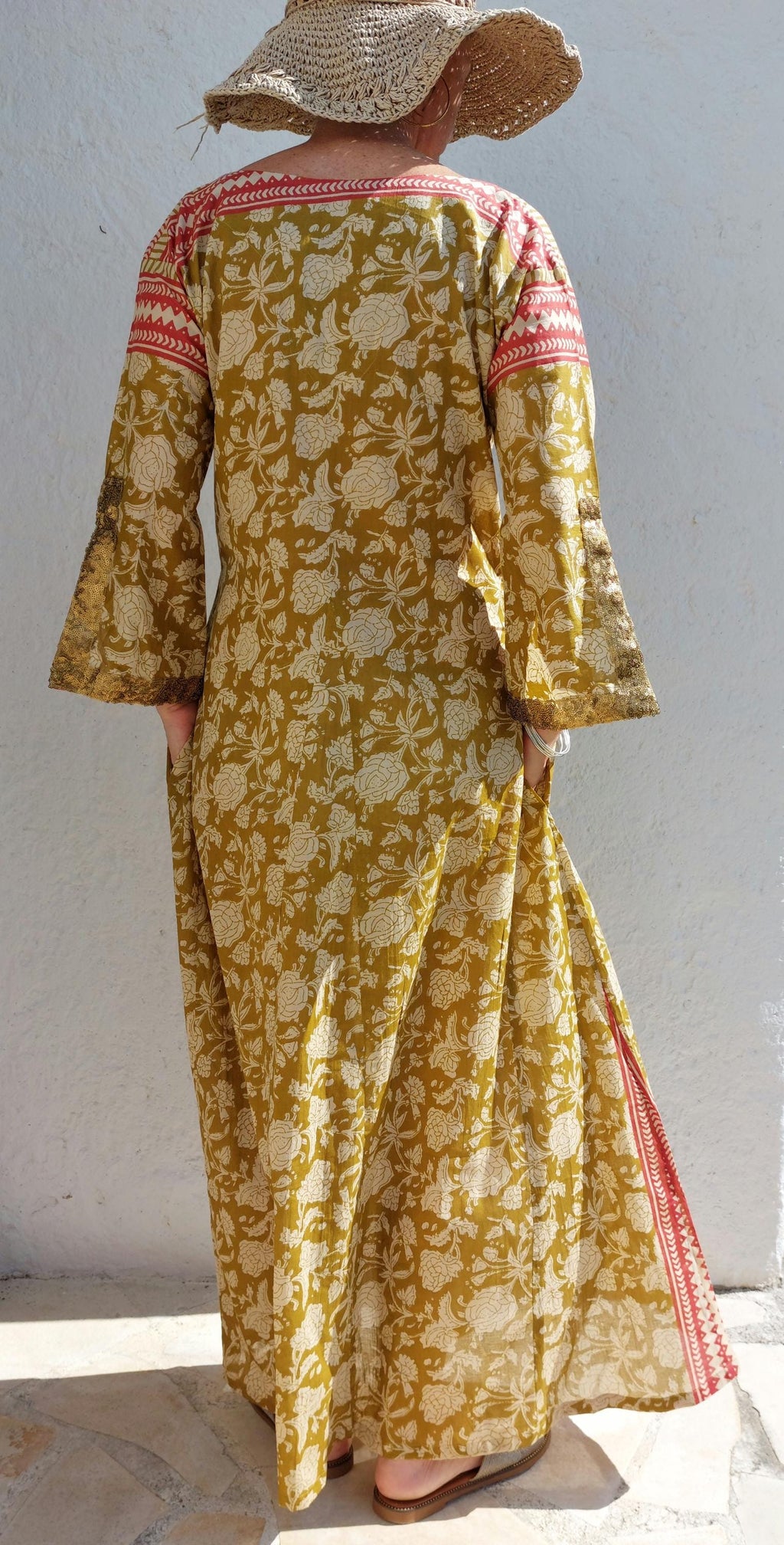 long kaftan in soft cotton,in the shades of mustard beige rusty colors,old gold sequins lace finishing on sleeves,boho chic summer outfit