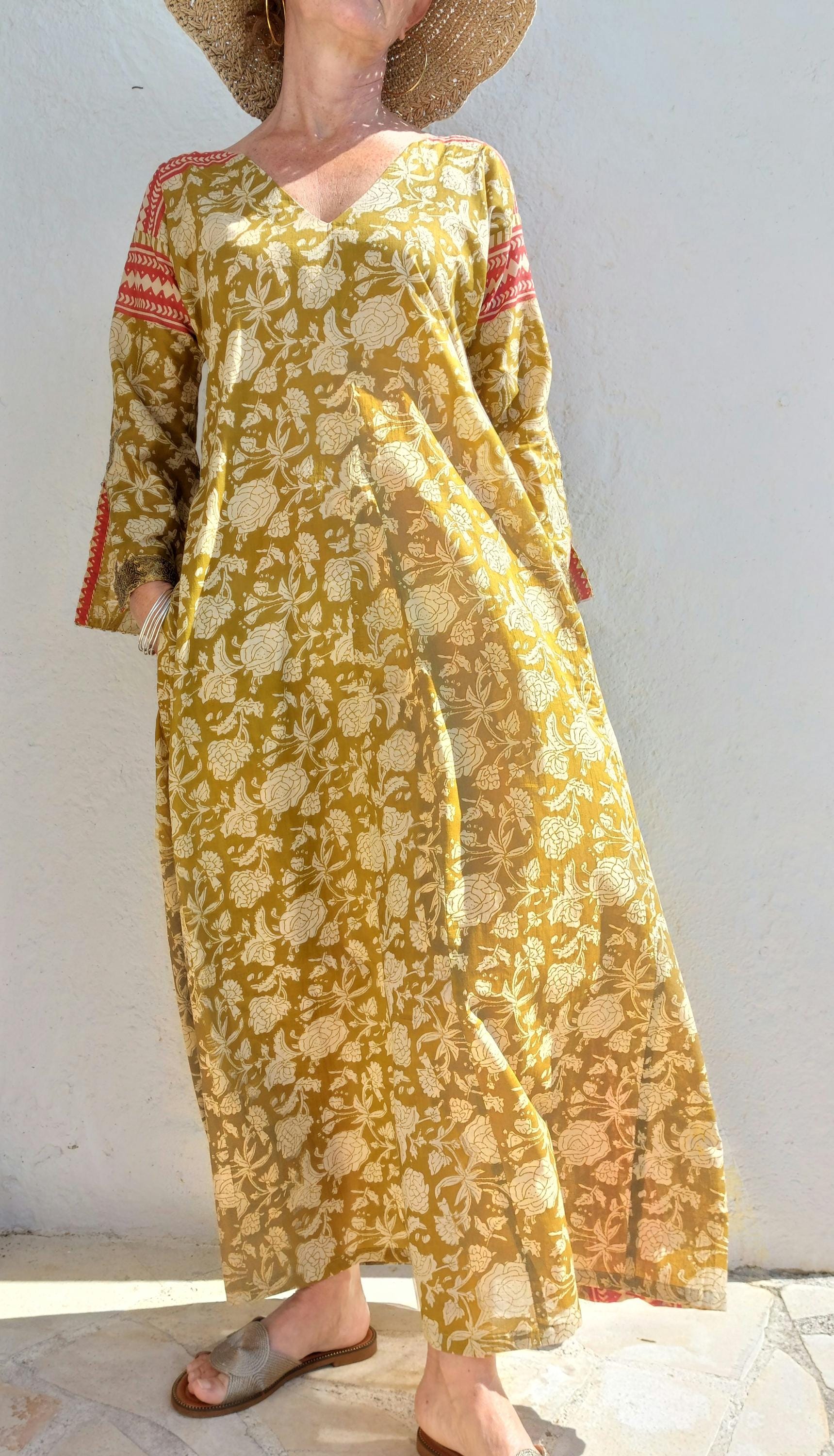 long kaftan in soft cotton,in the shades of mustard beige rusty colors,old gold sequins lace finishing on sleeves,boho chic summer outfit