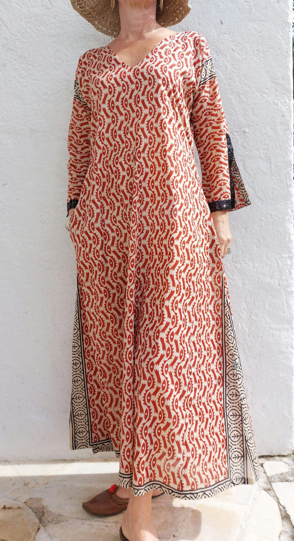 long kaftan dress in soft cotton, beige and rusty colors,made from a sarong,boheme chic summer outfit,black sequins lace finishing sleeves