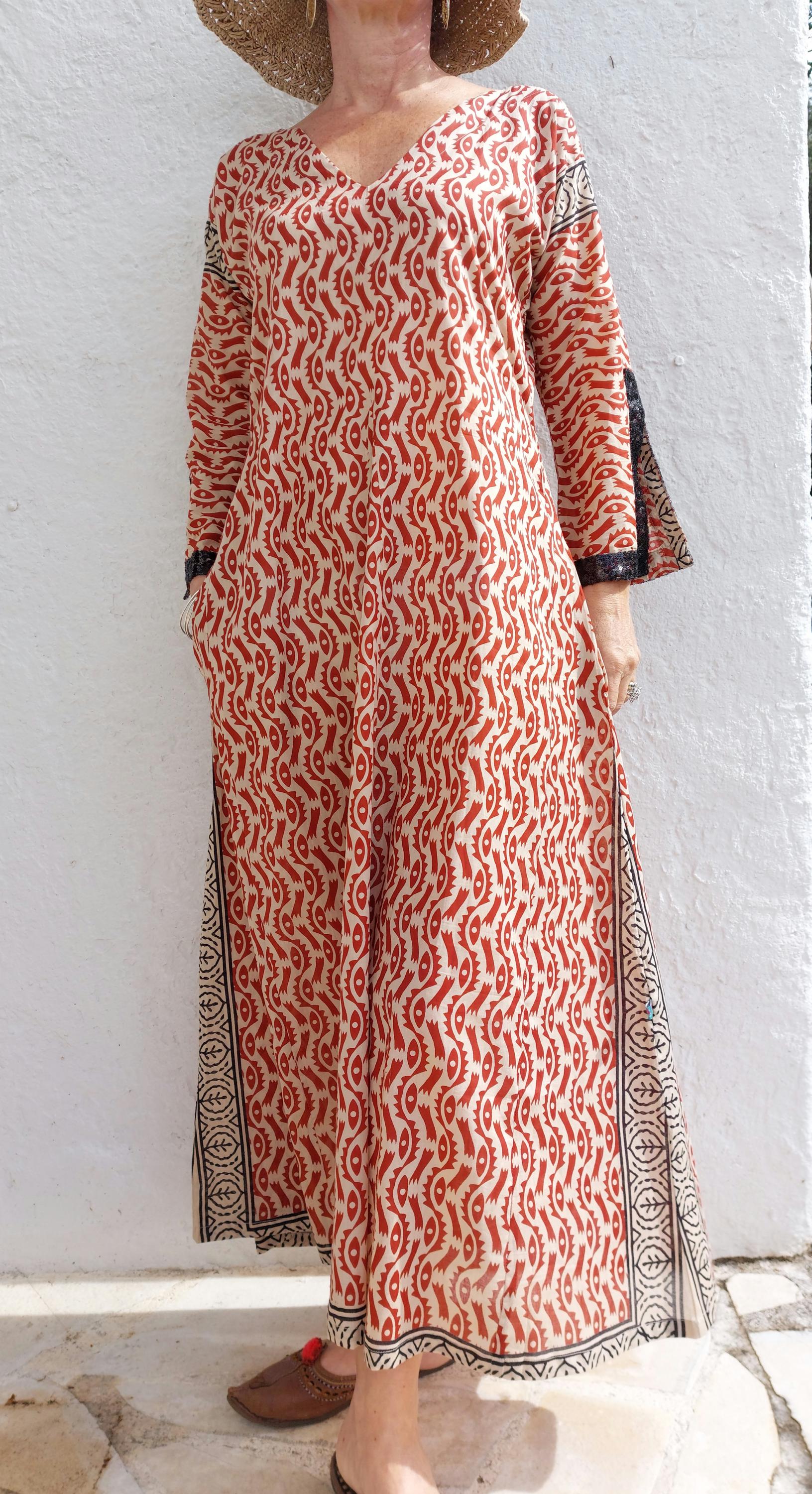 long kaftan dress in soft cotton, beige and rusty colors,made from a sarong,boheme chic summer outfit,black sequins lace finishing sleeves