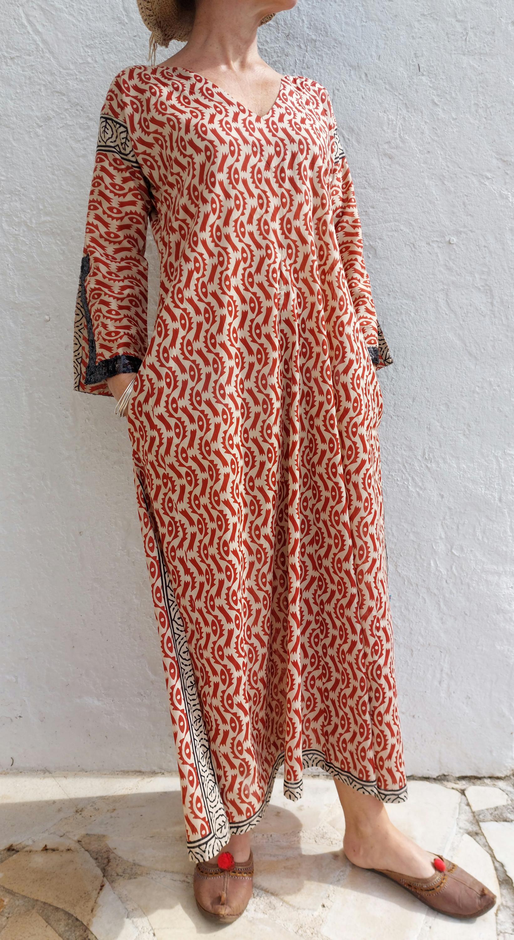 long kaftan dress in soft cotton, beige and rusty colors,made from a sarong,boheme chic summer outfit,black sequins lace finishing sleeves