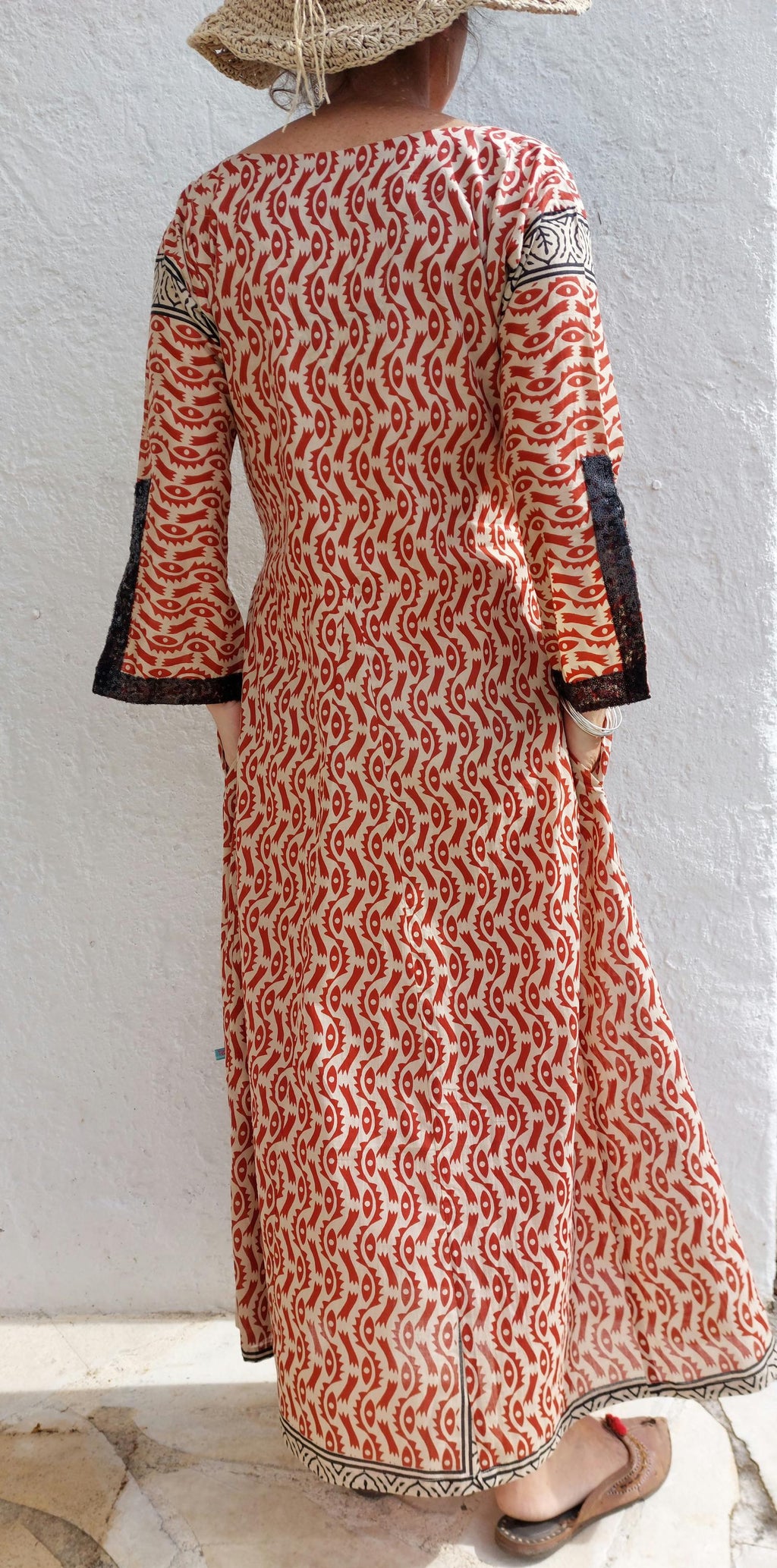 long kaftan dress in soft cotton, beige and rusty colors,made from a sarong,boheme chic summer outfit,black sequins lace finishing sleeves