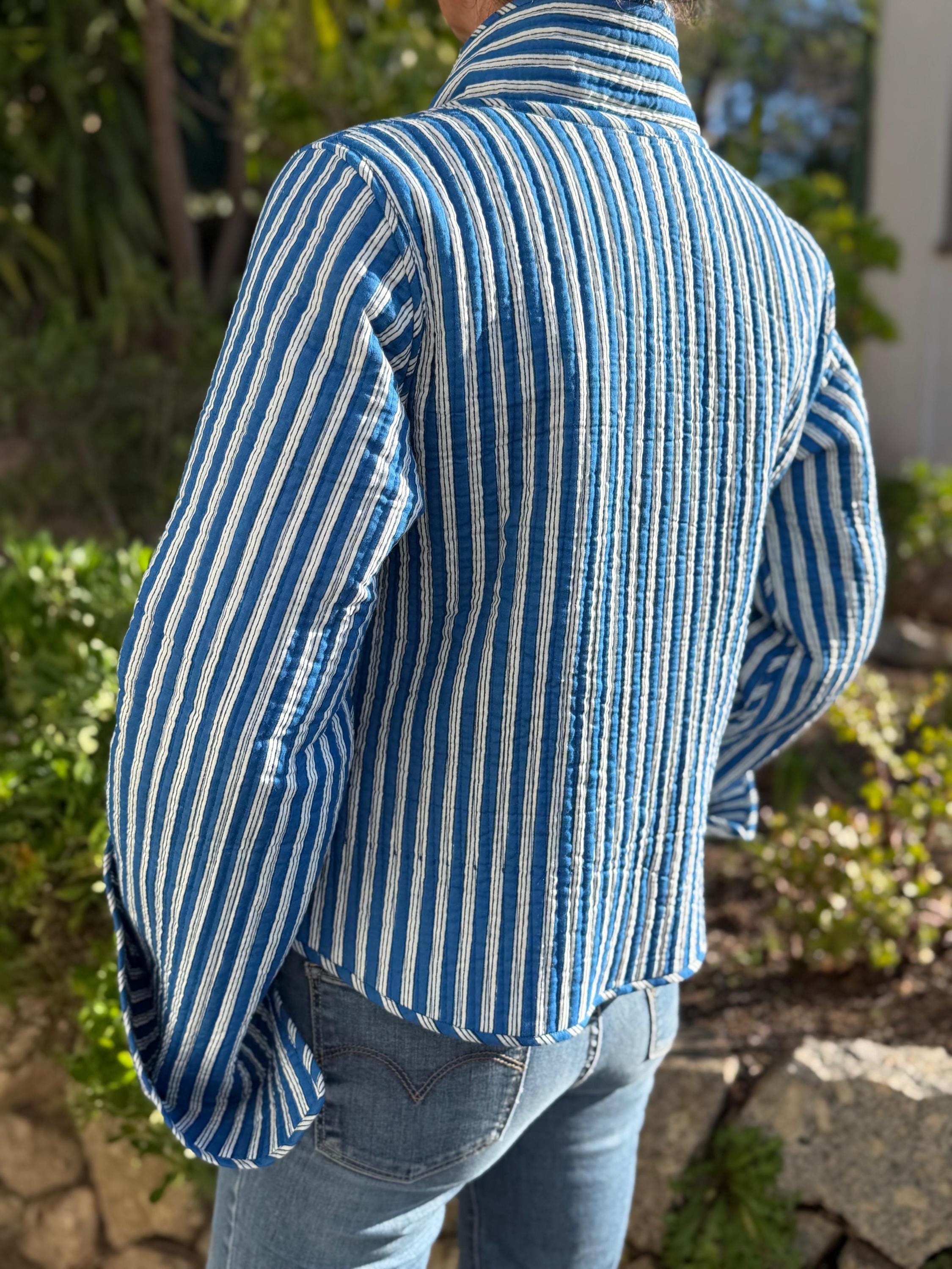 reversible winter jacket in quilted cotton,blue floral print and blue stripes ,long flared sleeves with large cuffs,hippiechic outerwear