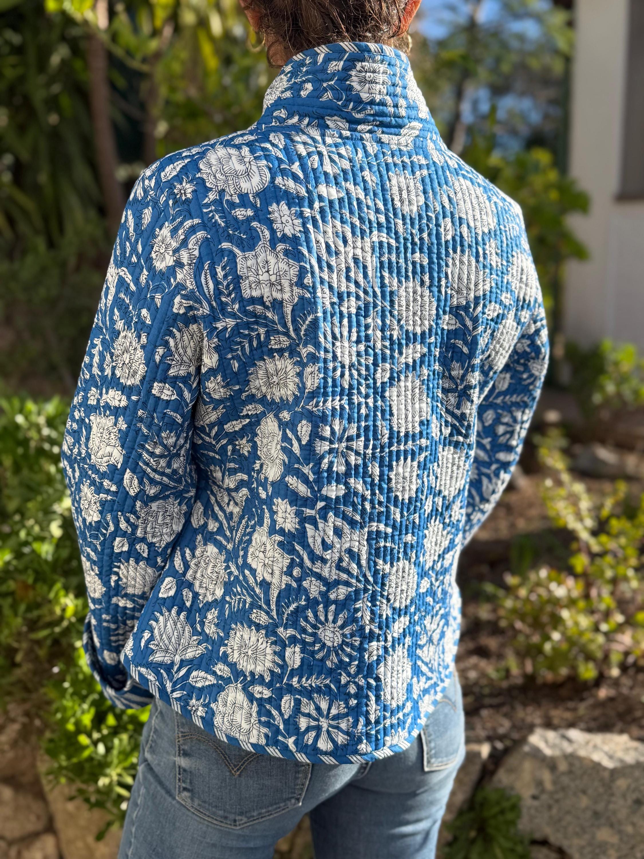 reversible winter jacket in quilted cotton,blue floral print and blue stripes ,long flared sleeves with large cuffs,hippiechic outerwear