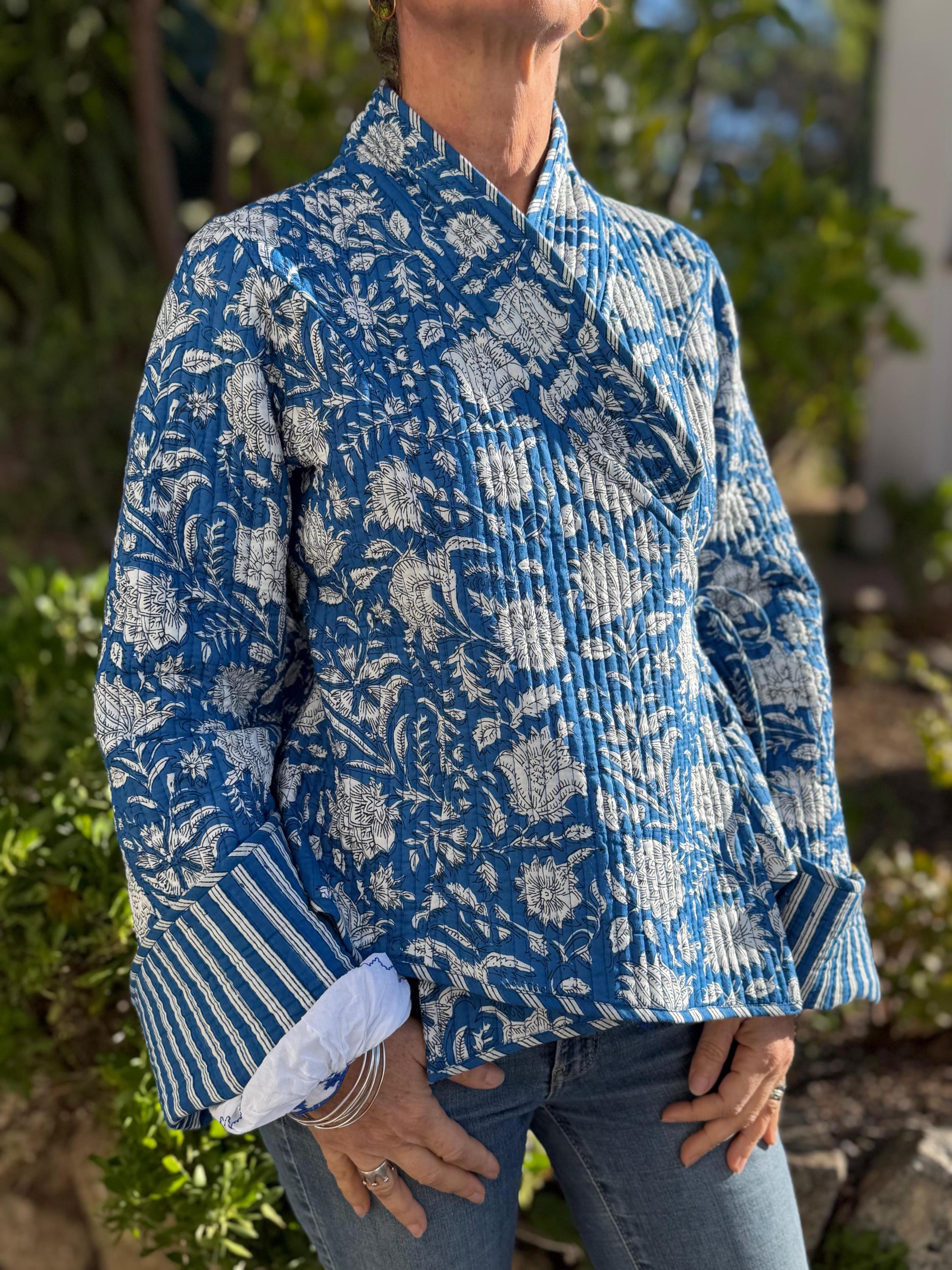 reversible winter jacket in quilted cotton,blue floral print and blue stripes ,long flared sleeves with large cuffs,hippiechic outerwear