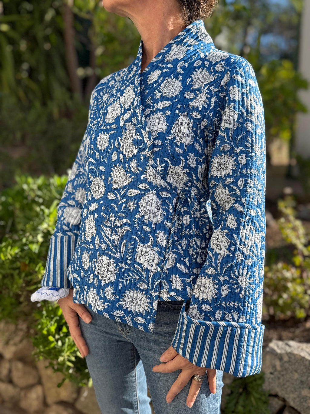 reversible winter jacket in quilted cotton,blue floral print and blue stripes ,long flared sleeves with large cuffs,hippiechic outerwear