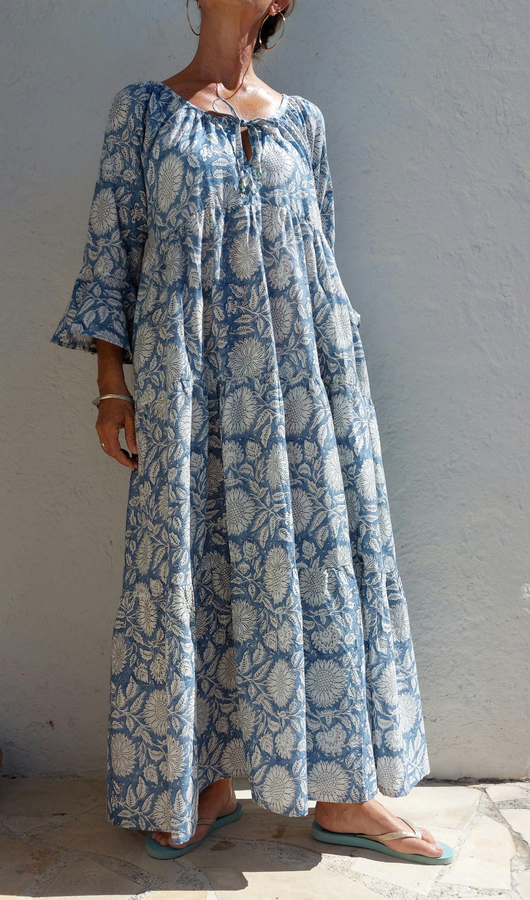 elegant long dress in cotton,blue-grey color,bohochic summer outfit,ruffled sleeves
