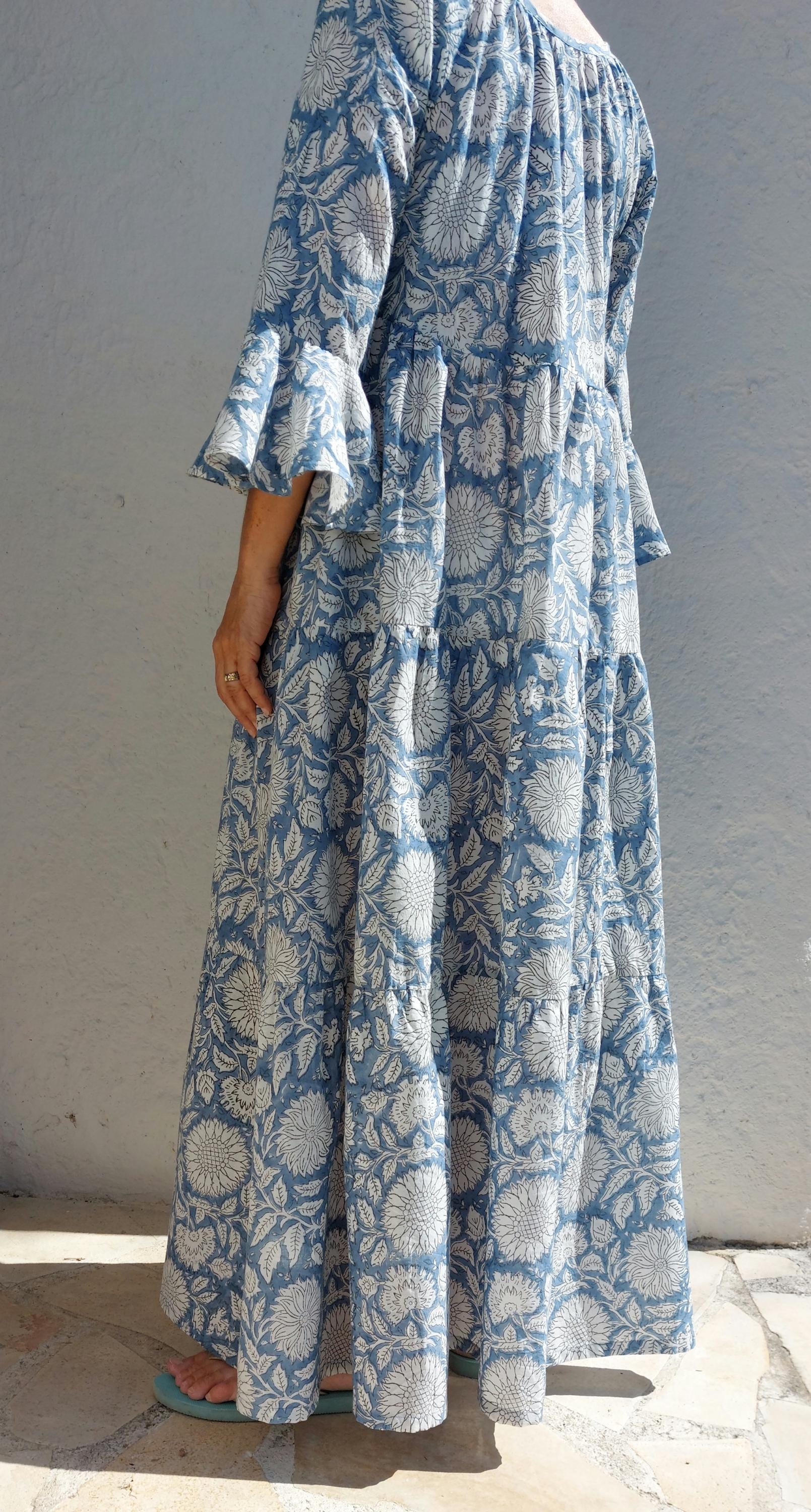 elegant long dress in cotton,blue-grey color,bohochic summer outfit,ruffled sleeves