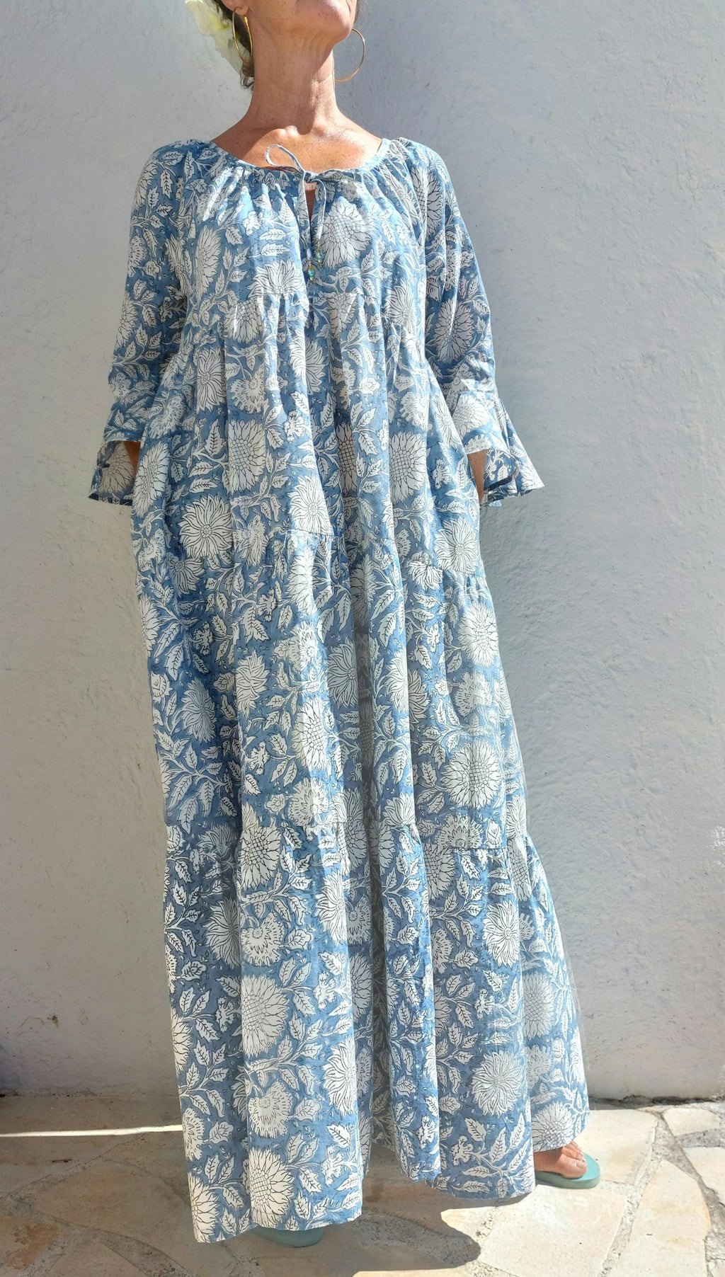 elegant long dress in cotton,blue-grey color,bohochic summer outfit,ruffled sleeves