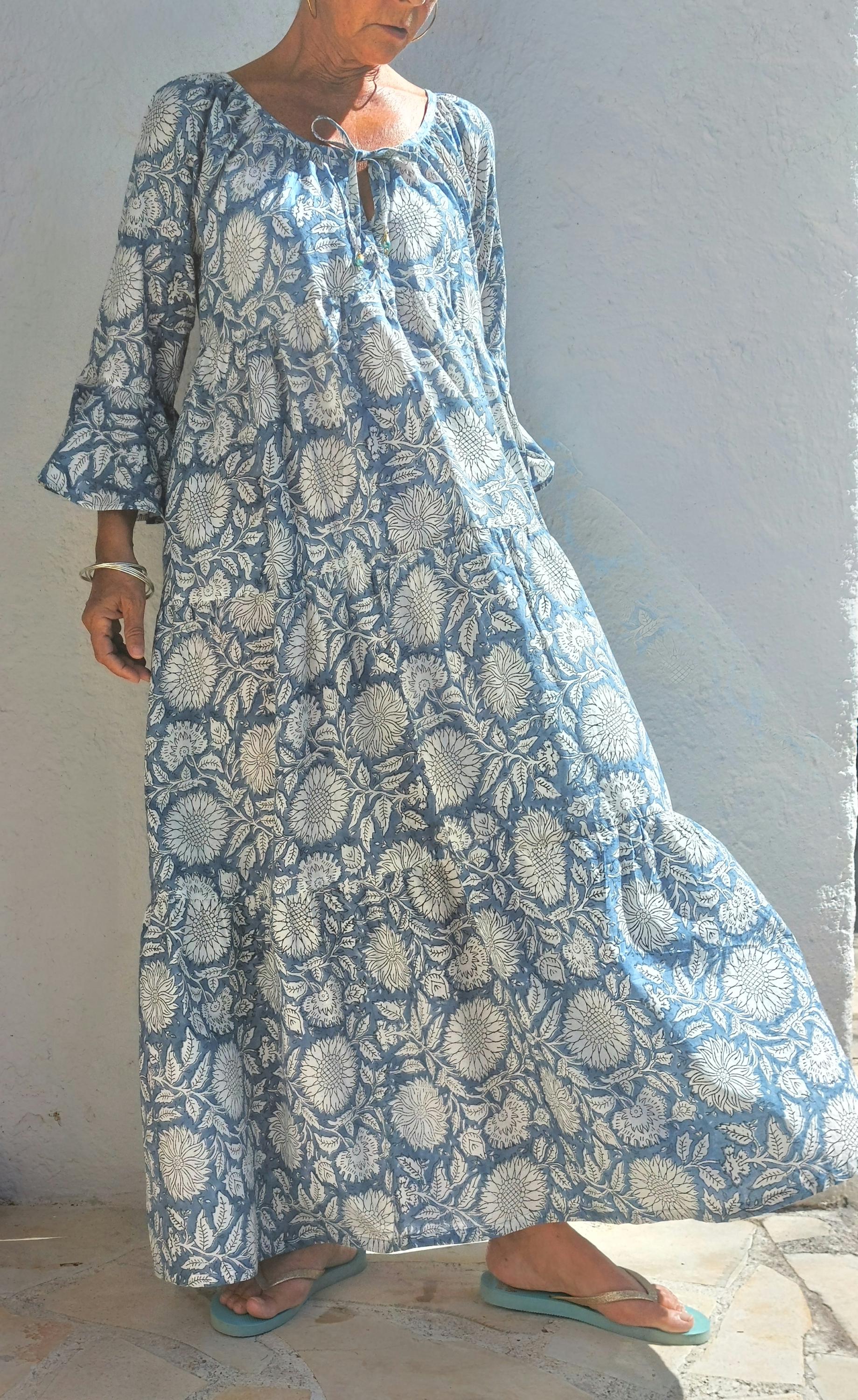 elegant long dress in cotton,blue-grey color,bohochic summer outfit,ruffled sleeves