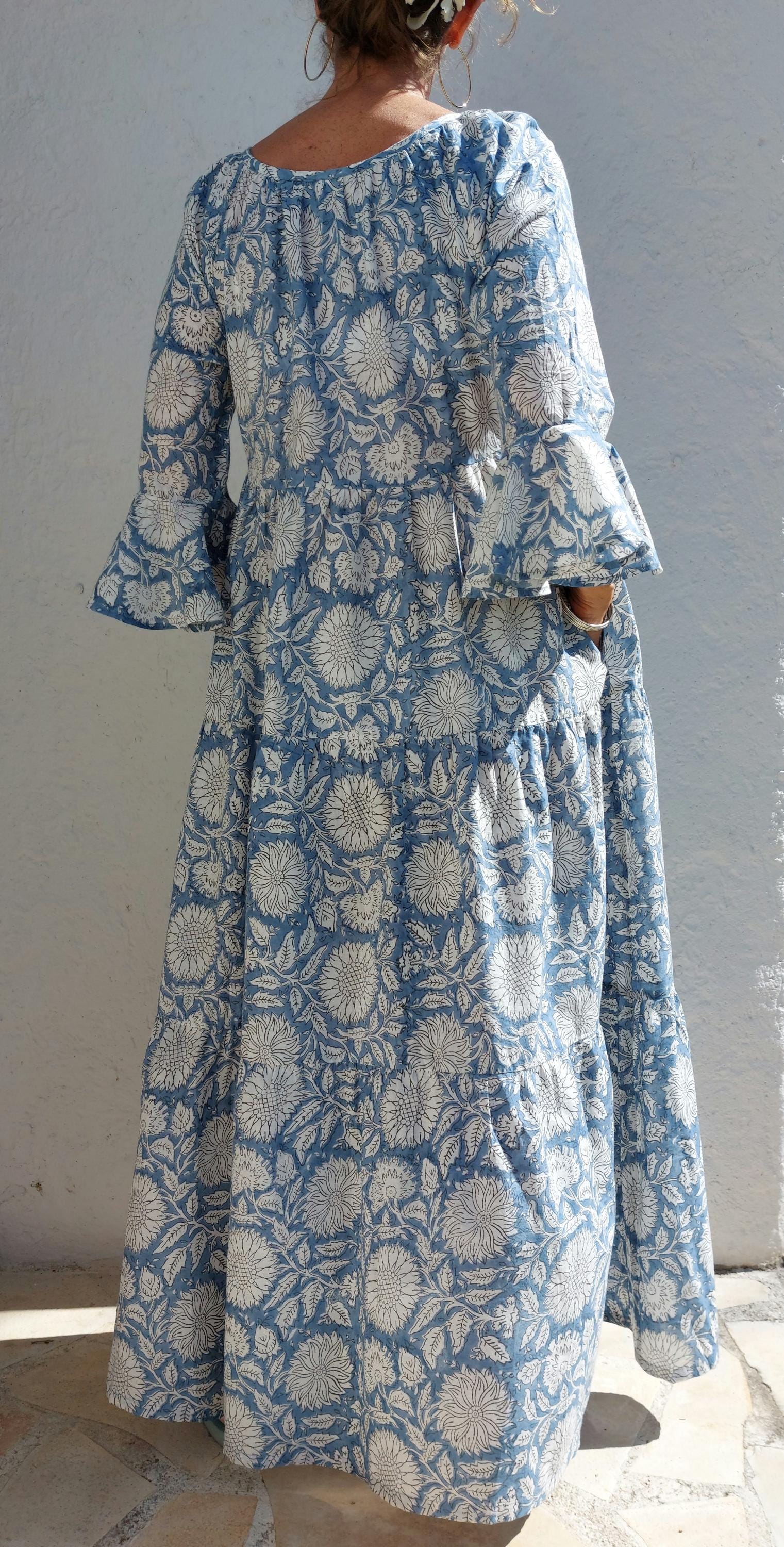 elegant long dress in cotton,blue-grey color,bohochic summer outfit,ruffled sleeves