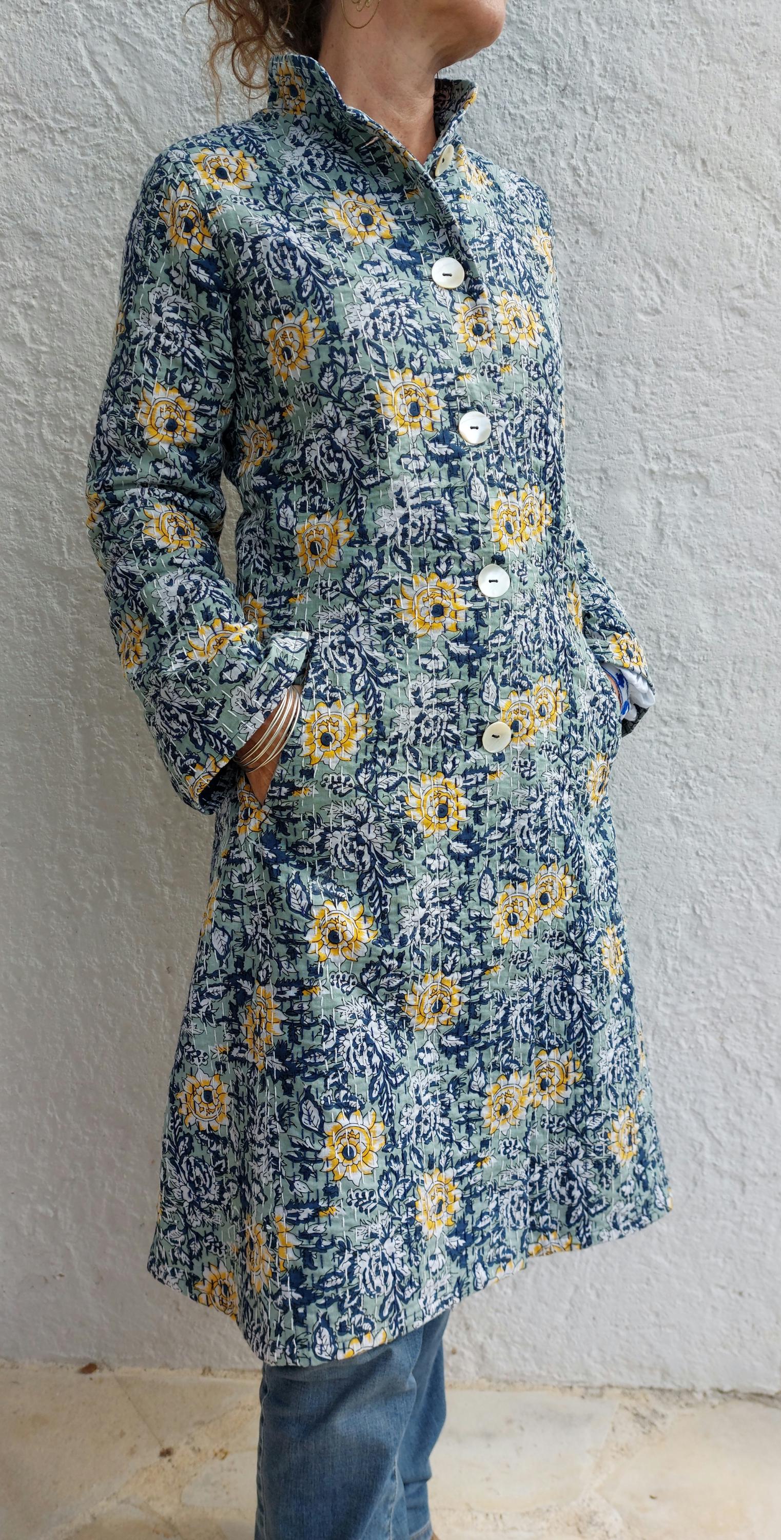 frock coat in cotton not quilted,in shades of navy blue & green,hand embroidery,wedding outfit,exclusive design,trumpet sleeves