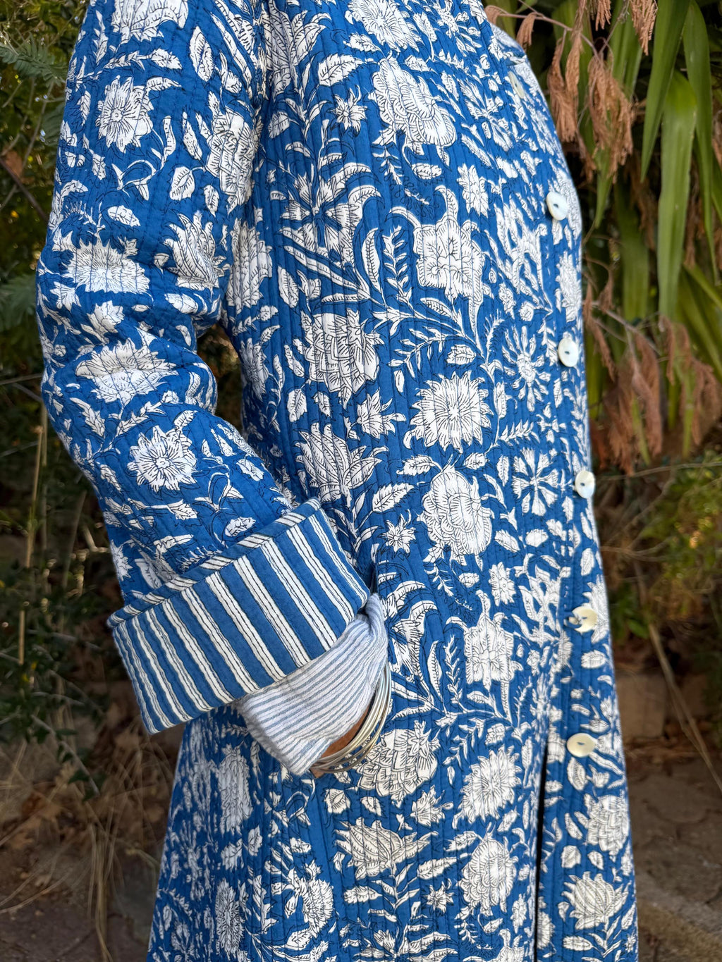 quilted cotton frock coat,blue floral printed cotton,blue stripes cotton inside,winter outfit,limited series, bohochic design,shell buttons