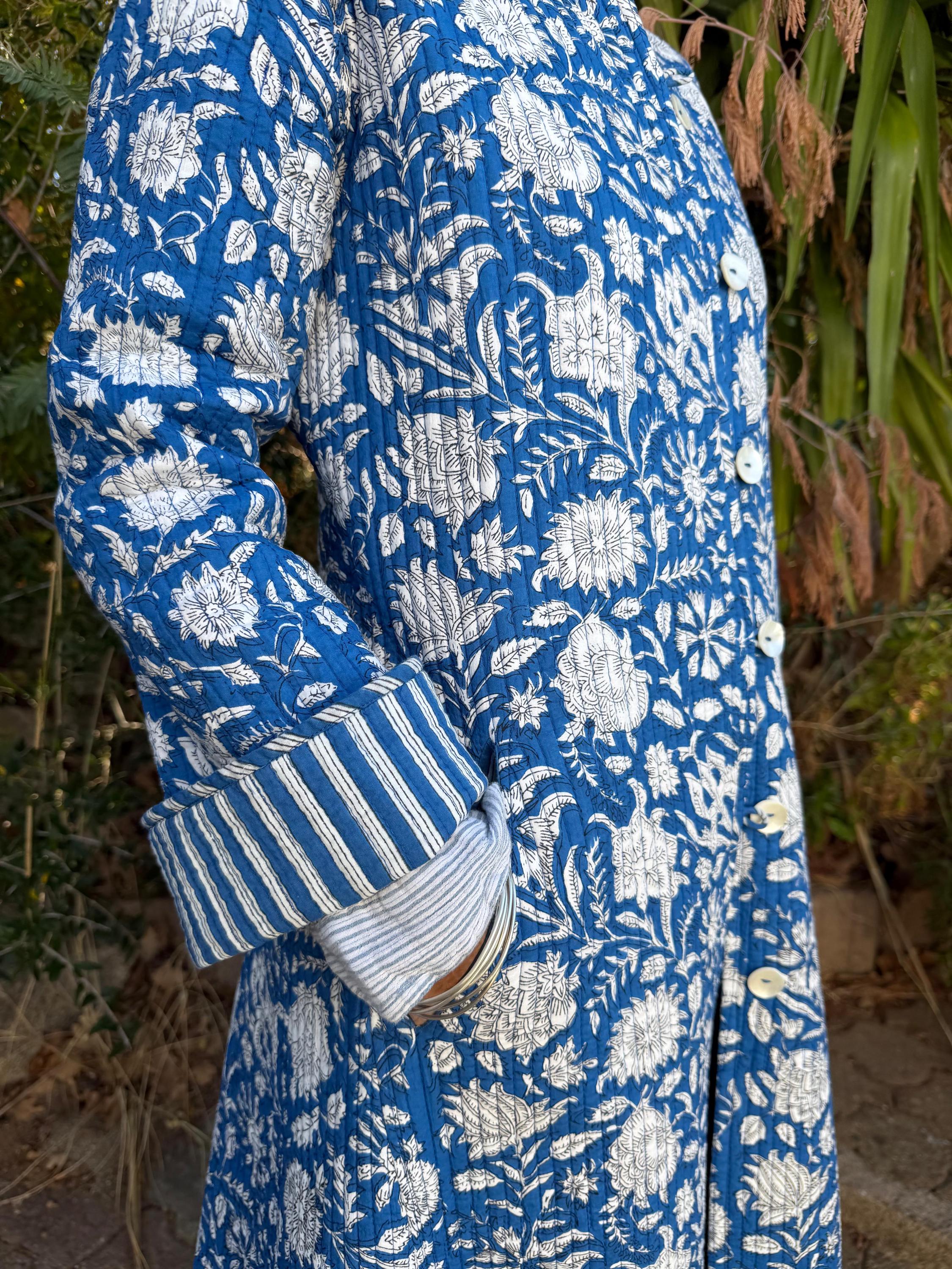 quilted cotton frock coat,blue floral printed cotton,blue stripes cotton inside,winter outfit,limited series, bohochic design,shell buttons
