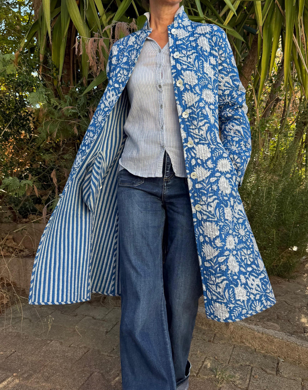 quilted cotton frock coat,blue floral printed cotton,blue stripes cotton inside,winter outfit,limited series, bohochic design,shell buttons