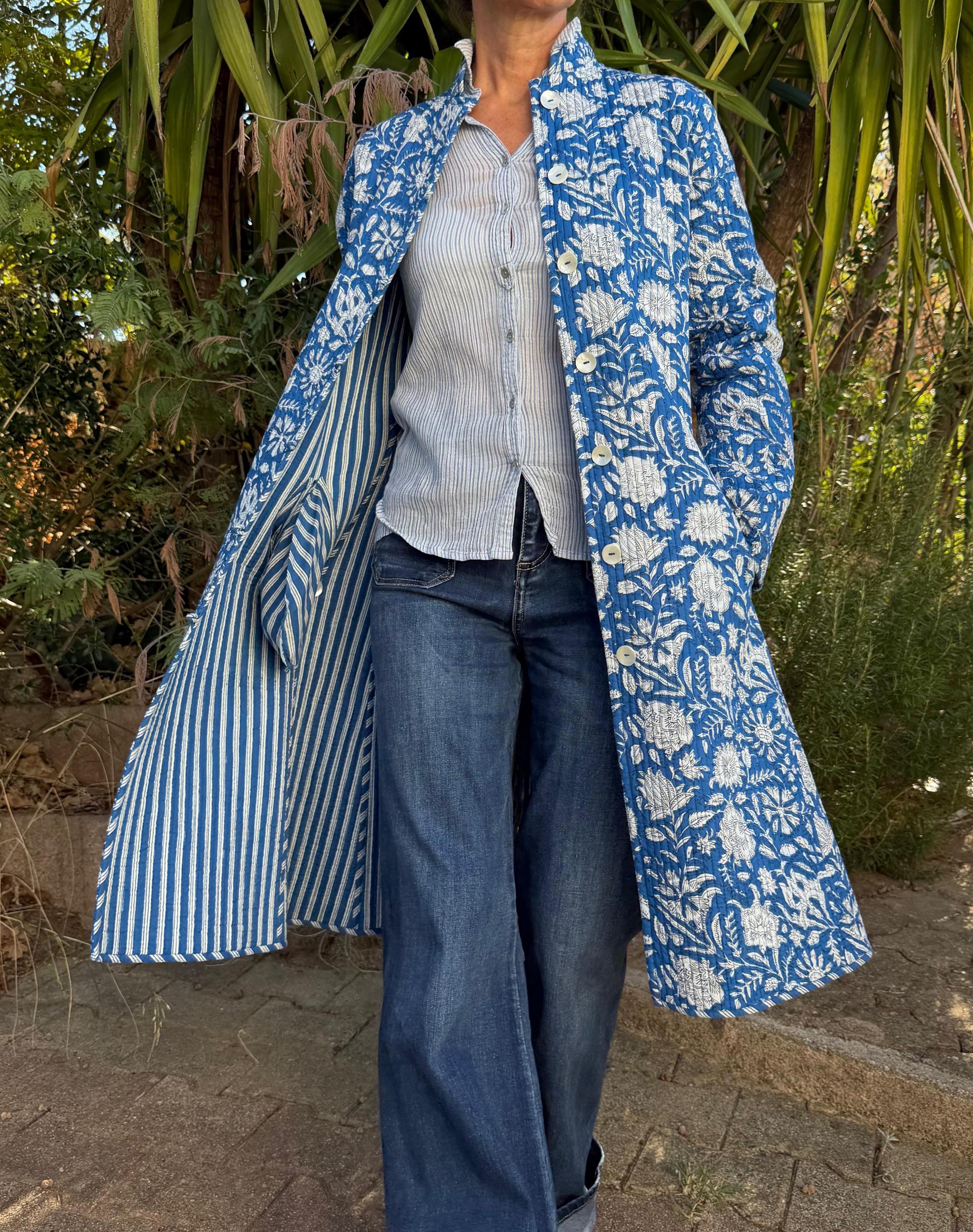 quilted cotton frock coat,blue floral printed cotton,blue stripes cotton inside,winter outfit,limited series, bohochic design,shell buttons
