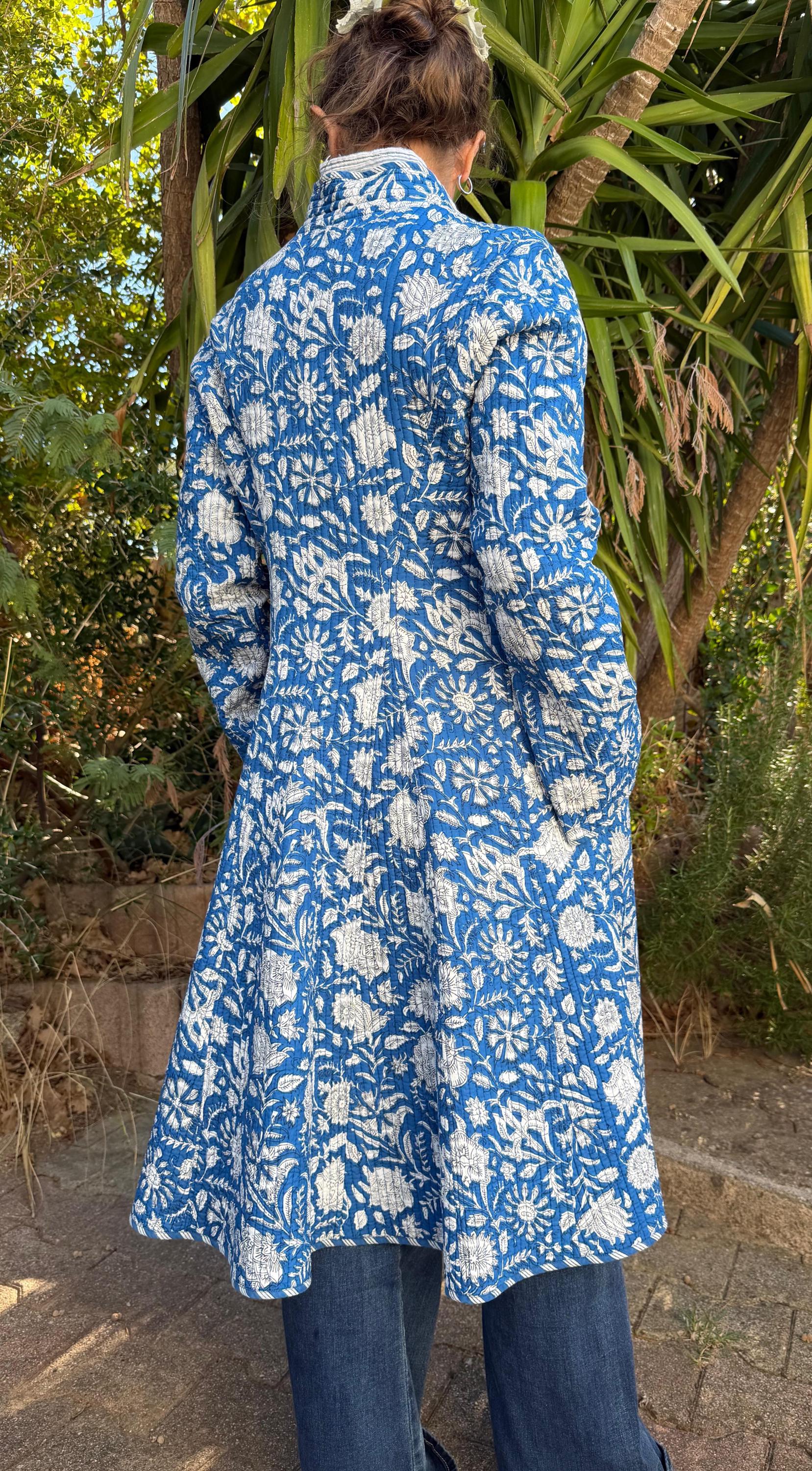 quilted cotton frock coat,blue floral printed cotton,blue stripes cotton inside,winter outfit,limited series, bohochic design,shell buttons