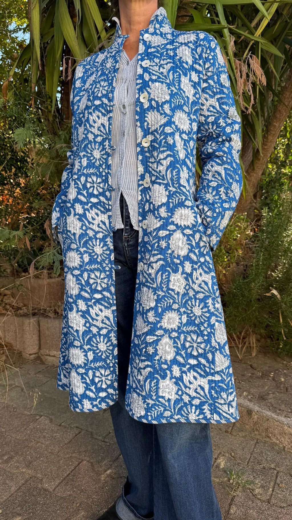 quilted cotton frock coat,blue floral printed cotton,blue stripes cotton inside,winter outfit,limited series, bohochic design,shell buttons