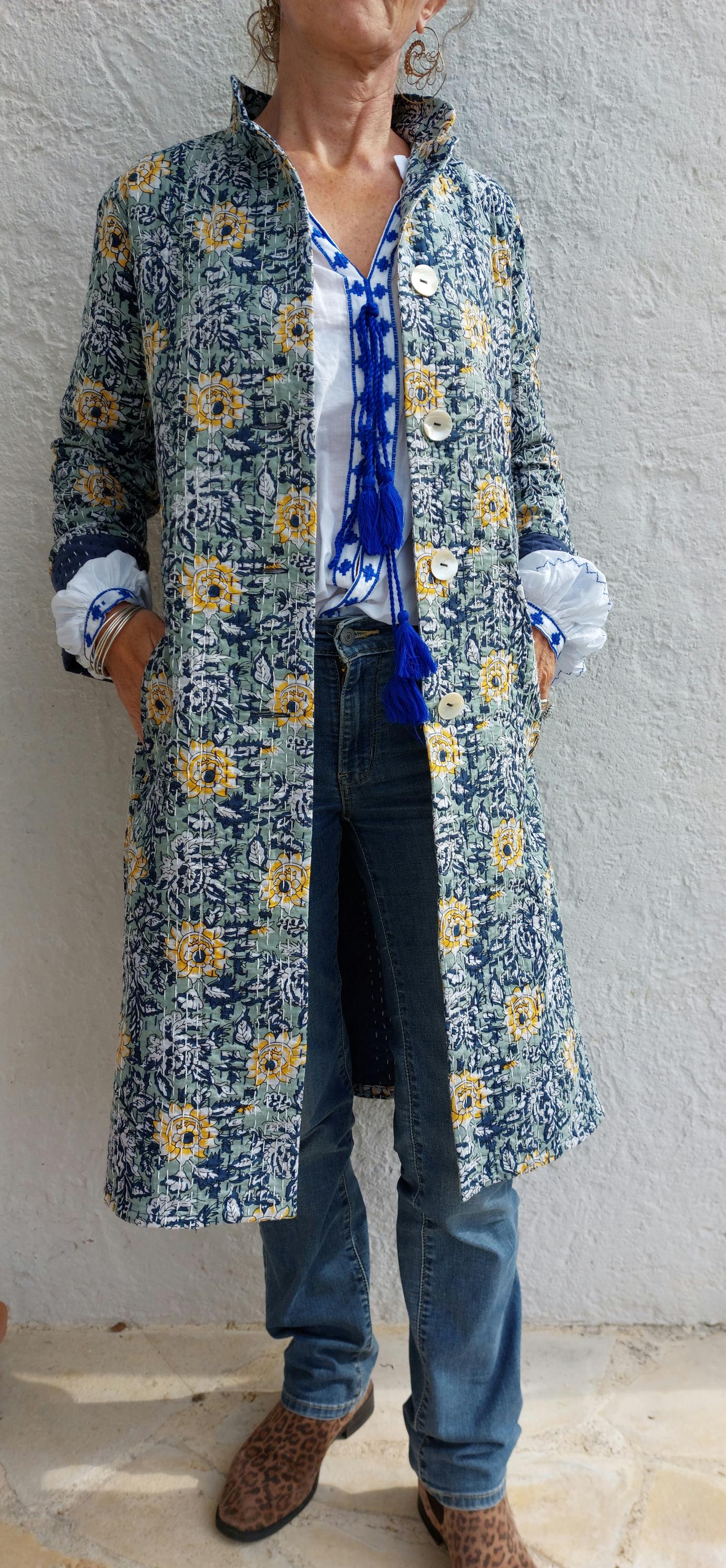 frock coat in cotton not quilted,in shades of navy blue & green,hand embroidery,wedding outfit,exclusive design,trumpet sleeves
