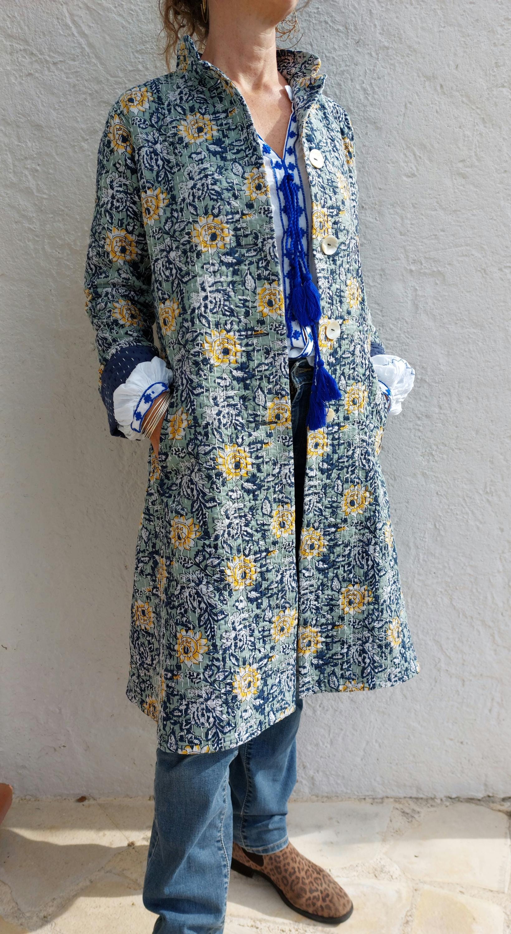 frock coat in cotton not quilted,in shades of navy blue & green,hand embroidery,wedding outfit,exclusive design,trumpet sleeves