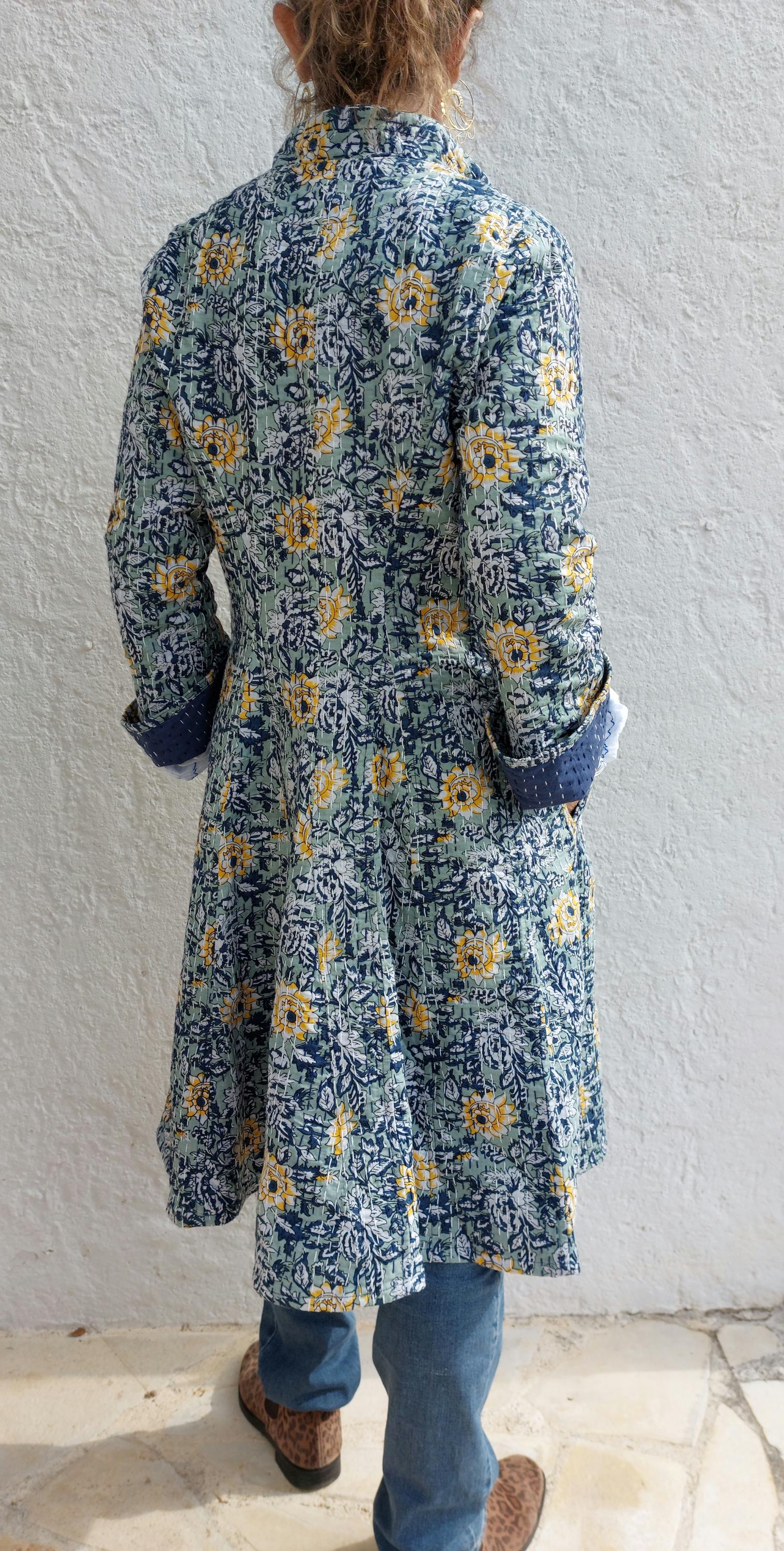 frock coat in cotton not quilted,in shades of navy blue & green,hand embroidery,wedding outfit,exclusive design,trumpet sleeves