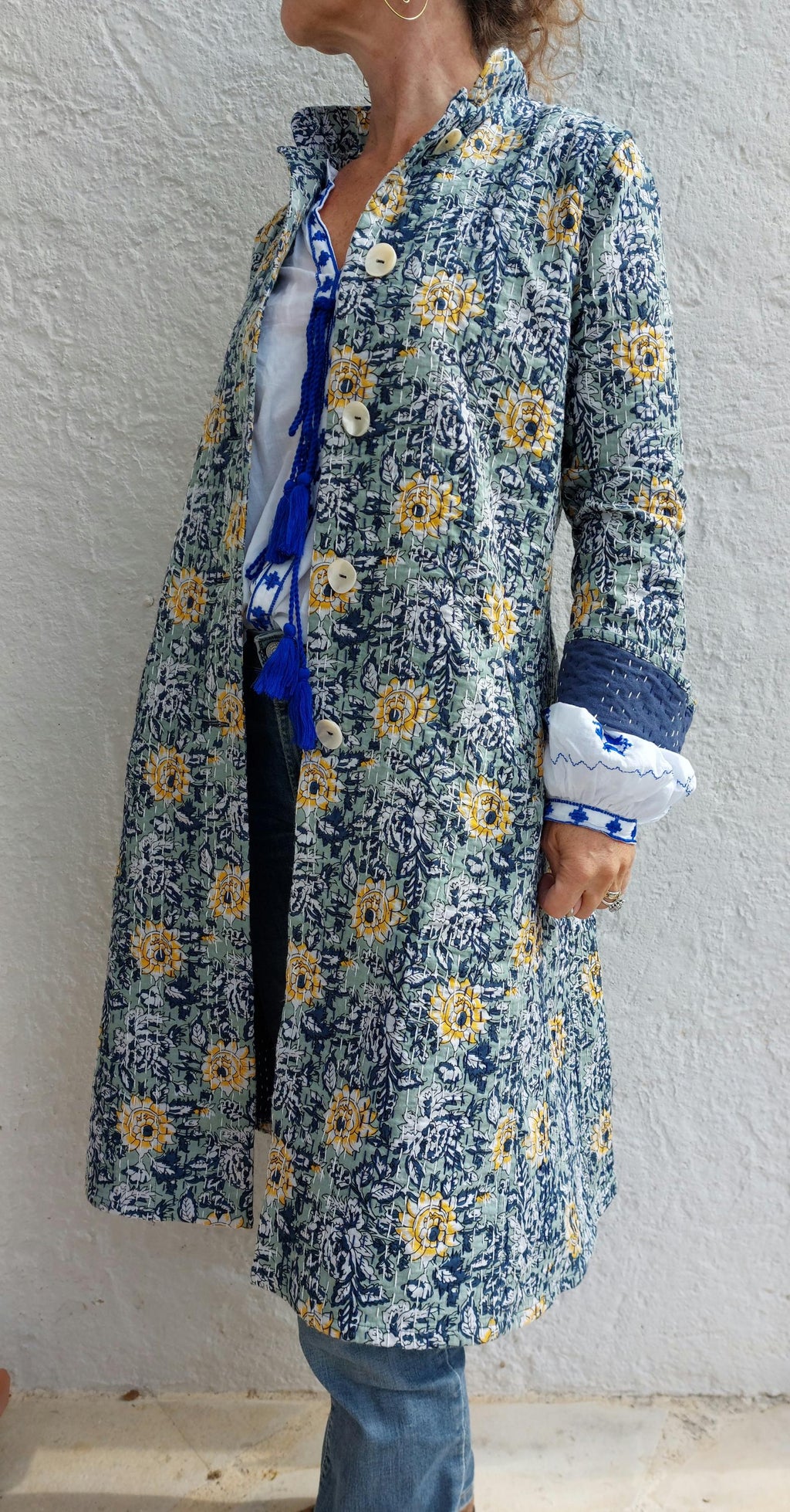 frock coat in cotton not quilted,in shades of navy blue & green,hand embroidery,wedding outfit,exclusive design,trumpet sleeves