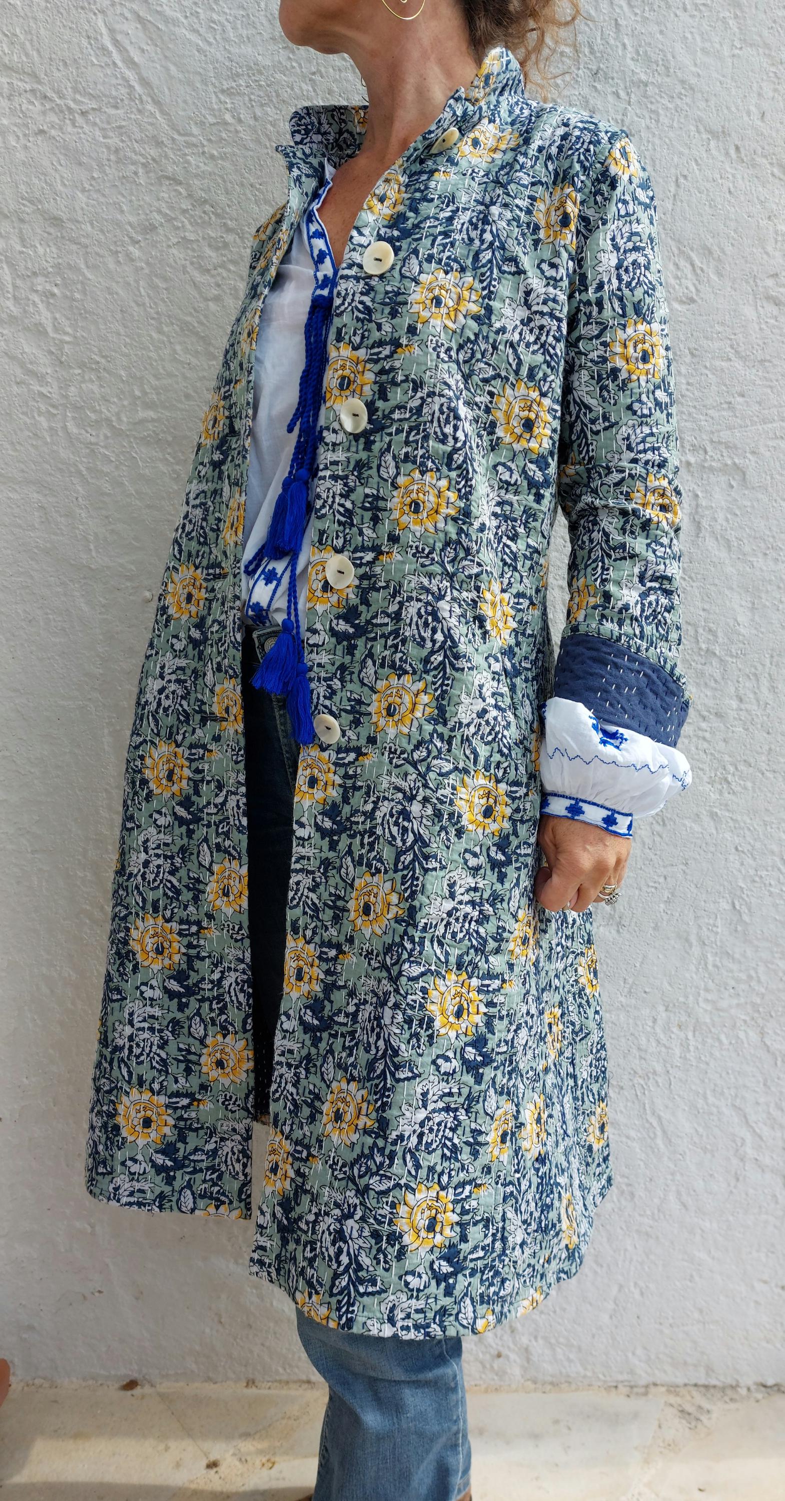 frock coat in cotton not quilted,in shades of navy blue & green,hand embroidery,wedding outfit,exclusive design,trumpet sleeves