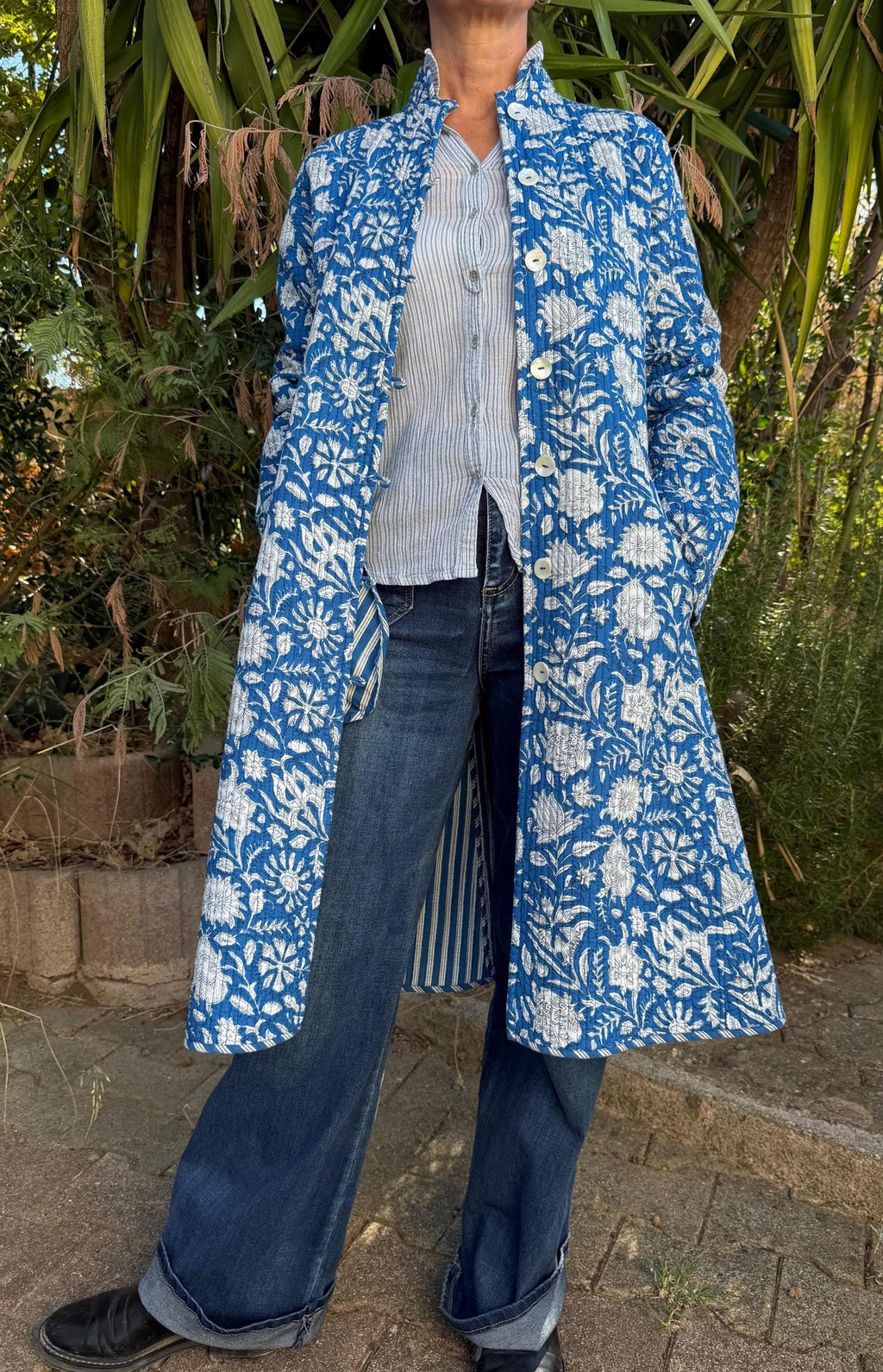 quilted cotton frock coat,blue floral printed cotton,blue stripes cotton inside,winter outfit,limited series, bohochic design,shell buttons