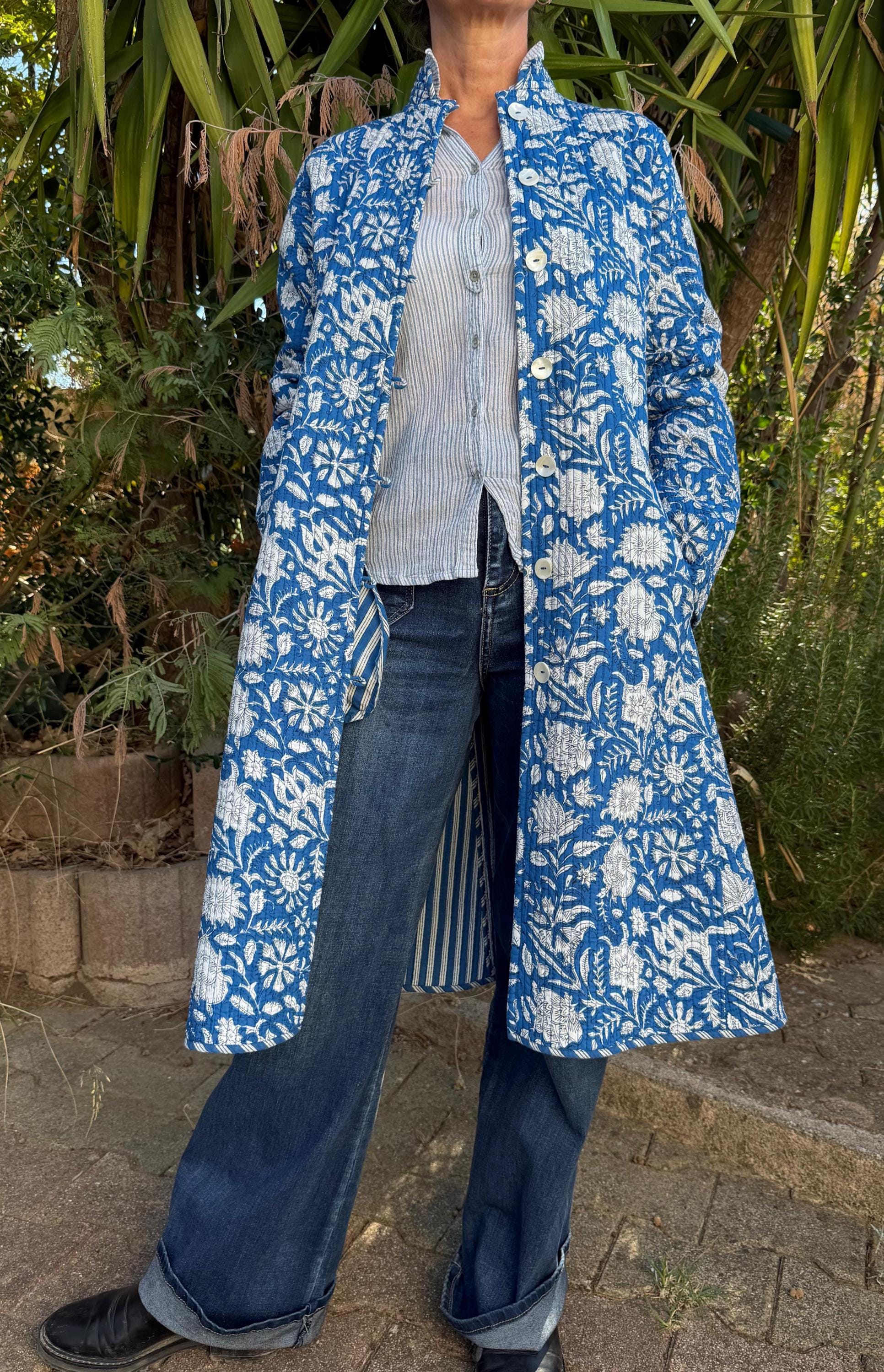 quilted cotton frock coat,blue floral printed cotton,blue stripes cotton inside,winter outfit,limited series, bohochic design,shell buttons