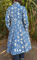 quilted cotton frock coat,blue floral printed cotton,blue stripes cotton inside,winter outfit,limited series, bohochic design,shell buttons