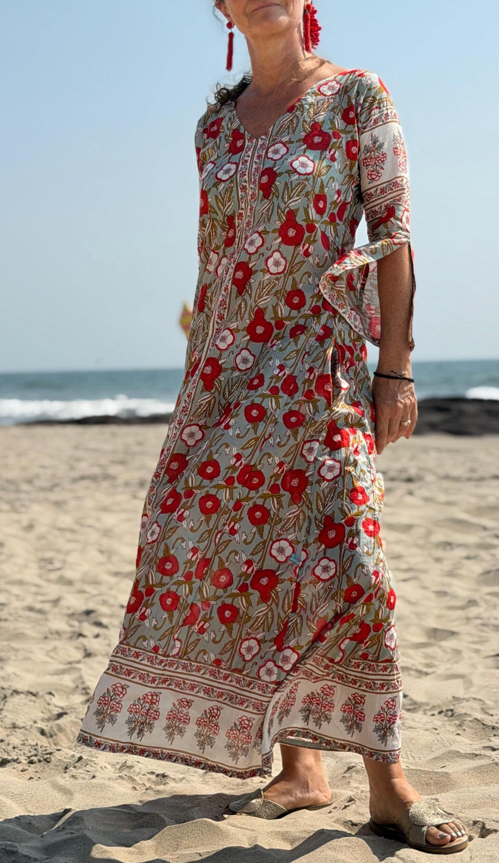 long kaftan in soft cotton,poppy pattern,red & green color,summer boho chic dress.