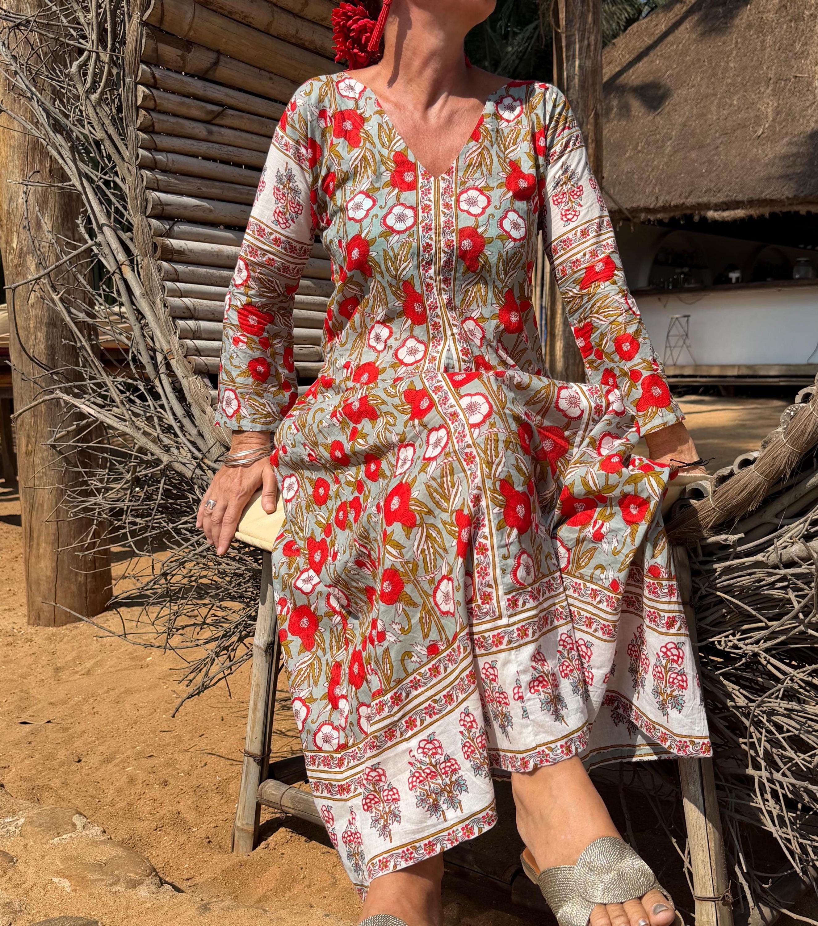 long kaftan in soft cotton,poppy pattern,red & green color,summer boho chic dress.