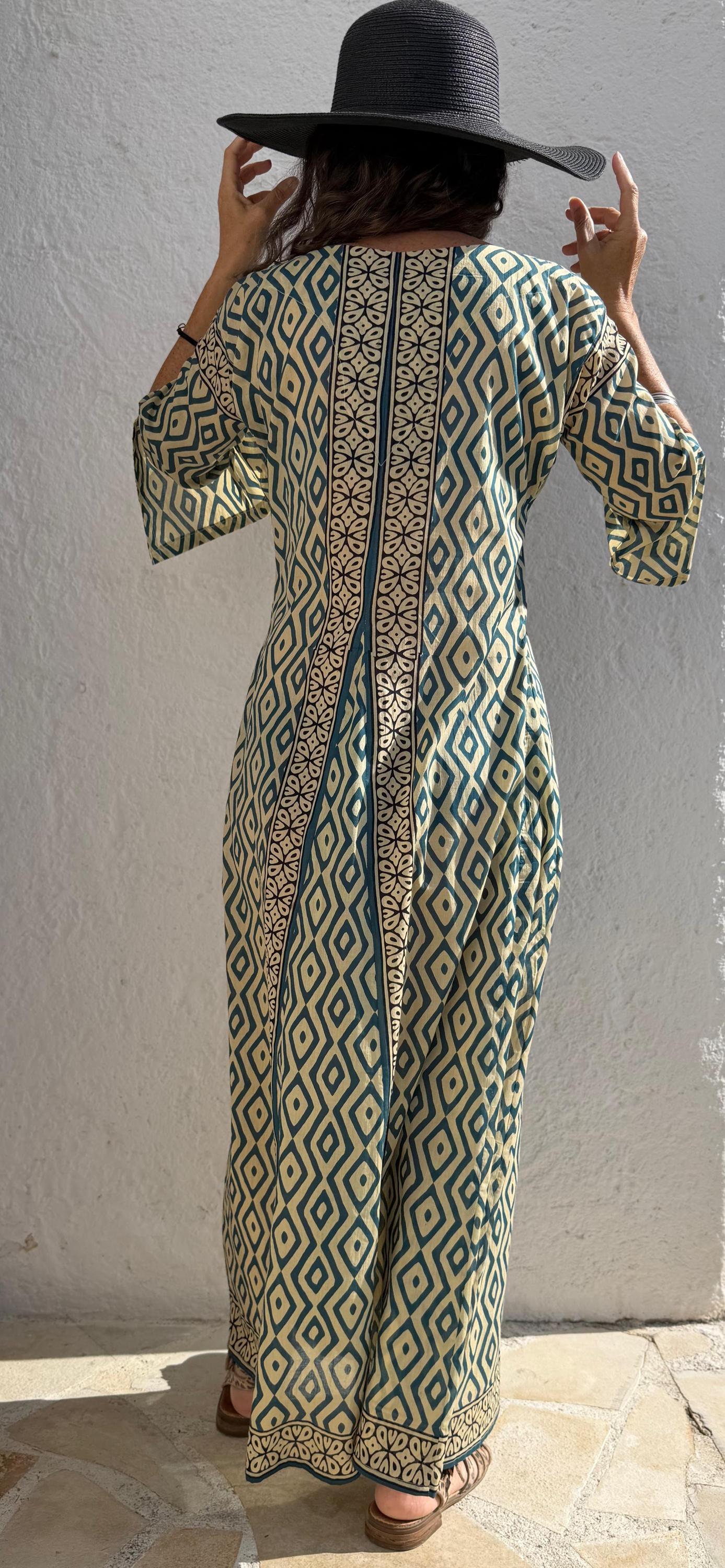 long kaftan in soft cotton,beige color,geometric blue pattern,summer outfit,flared shape,beach party dress